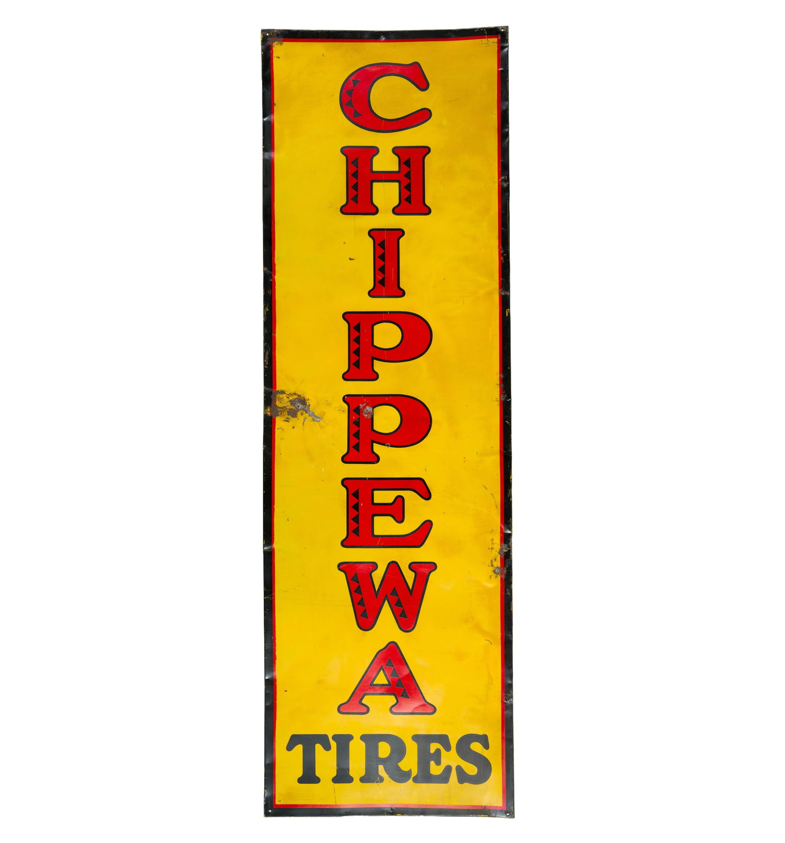 (Postwar Era) Vintage Metal Chippewa Tires Metal Sign: A 70" by 22" vintage Chippewa sign, single faced. It has surface damage and bending.?