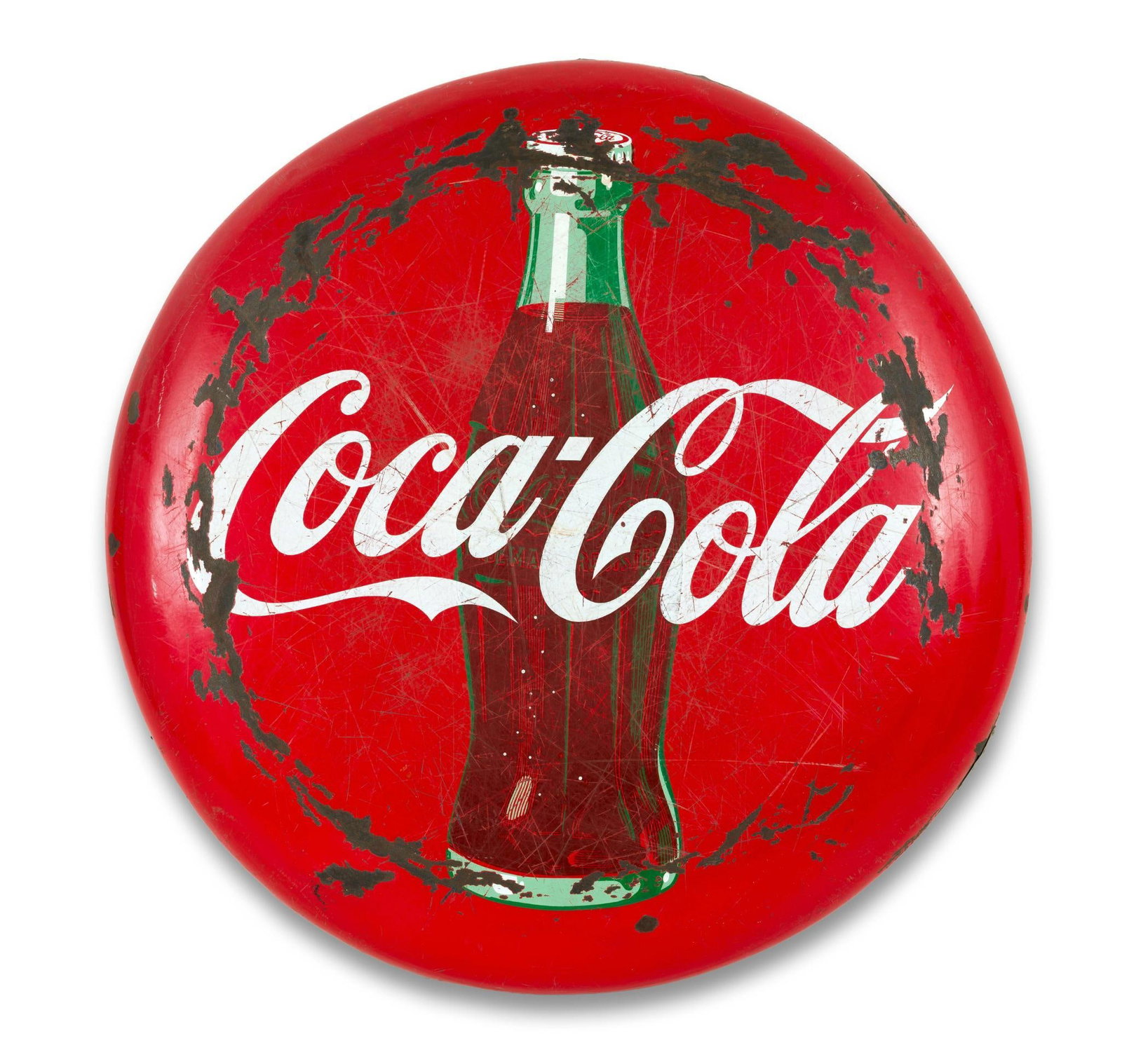 (Postwar Era) 48" Diameter Coca-Cola Metal Button sign: A vintage Coca-Cola sign in original condition with paint losses and some edge bending.?