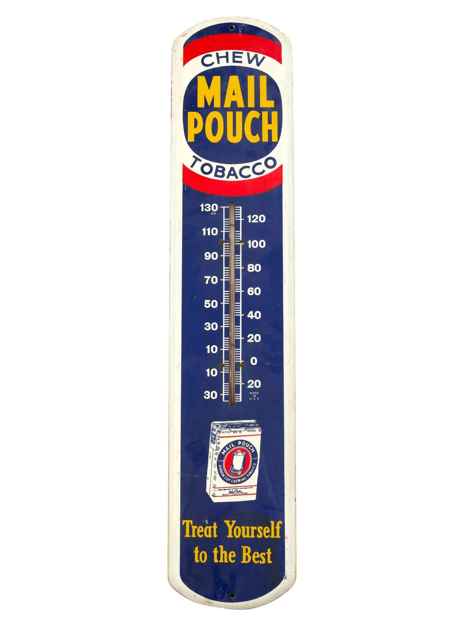 (Postwar Era) Vintage Mail Pouch Thermometer Sign: A Mail Pouch Tobacco sign with thermometer measuring 38" X 8".?