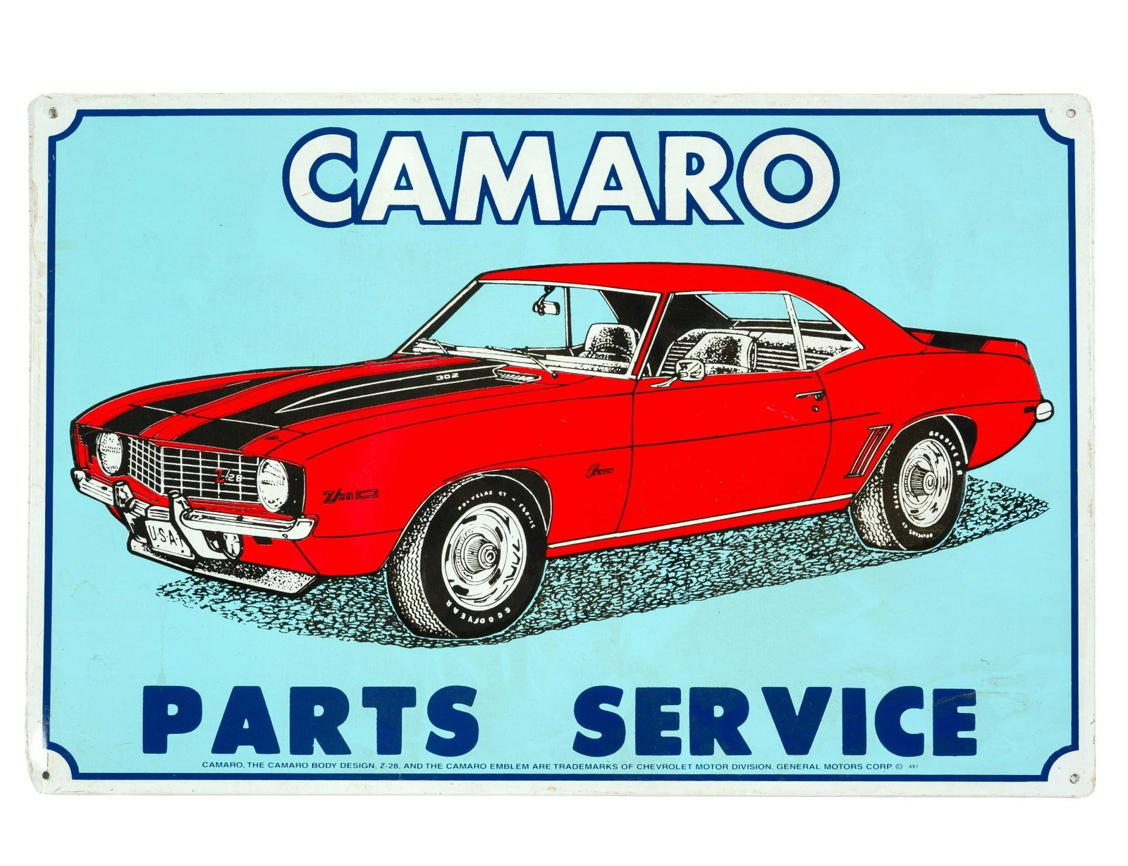 (Postwar Era) Camaro Parts Service Metal Sign: The sign measures 11 3/4" X 17 3/4" and is in good condition.