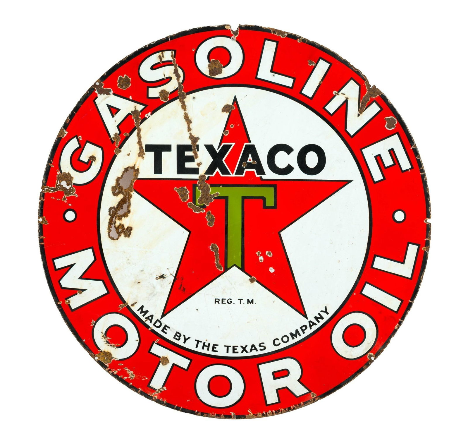 (Postwar Era) Vintage Porcelain Texaco Gasoline Motor Oil Sign: A double faced porcelain Texaco sign, 42" in diameter. The sign has rust and losses.