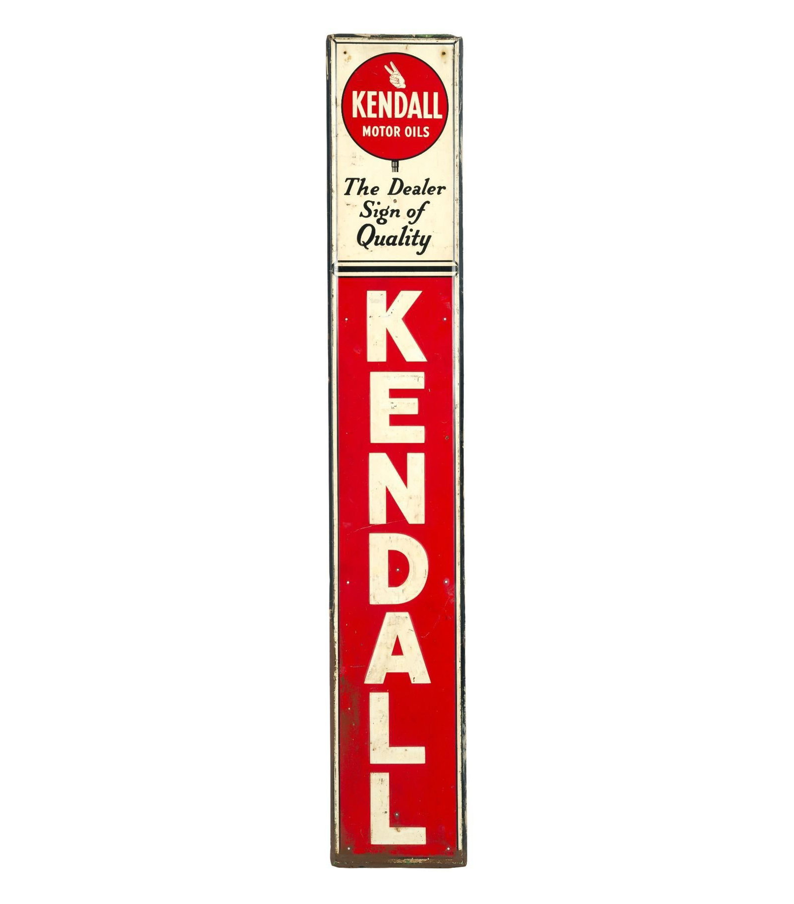 (Postwar Era) Vintage Kendall Motor Oils Sign: A single faced vertical press-formed metal sign 72" X 11 3/4". Rust and paint loss to the edges.