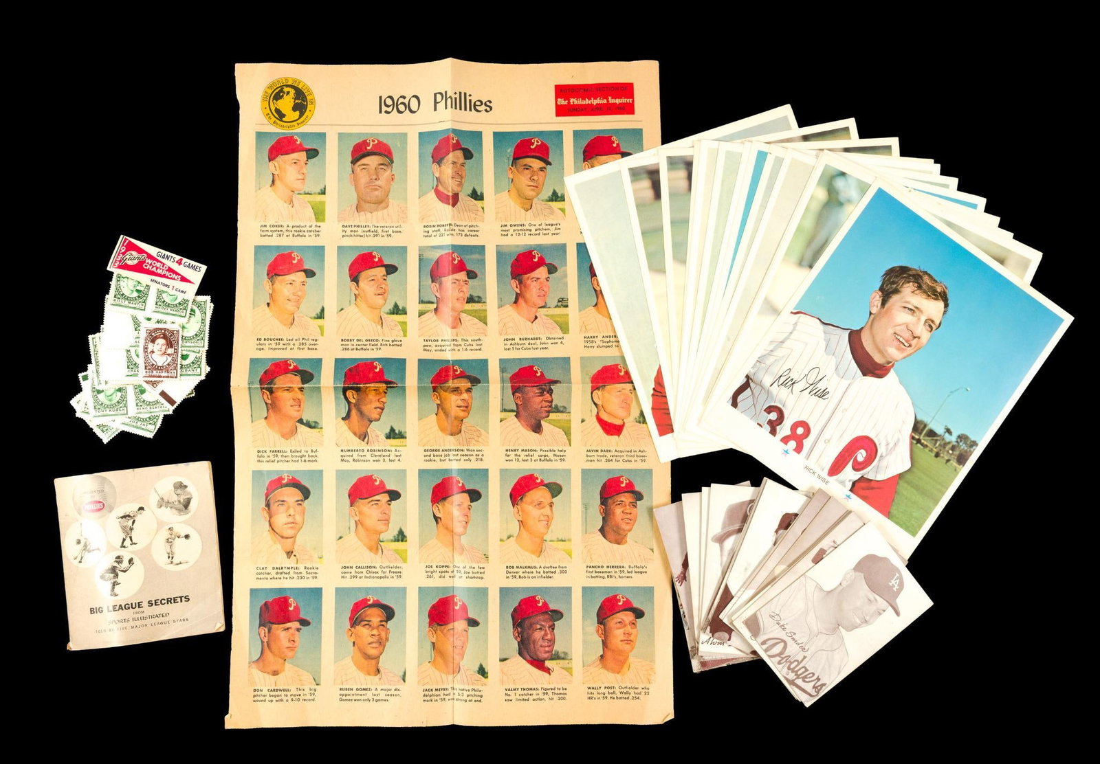(Post War Era) Lot of Baseball Ephemera incl. Phillies: Includes 1960 Phillies insert from Philadelphia Inquirer; 1959 Phillies Big League Secrets; Antique Baseball Stamps; 1971 Phillies Photo cards printed autographs; and Antique printed autographed cards