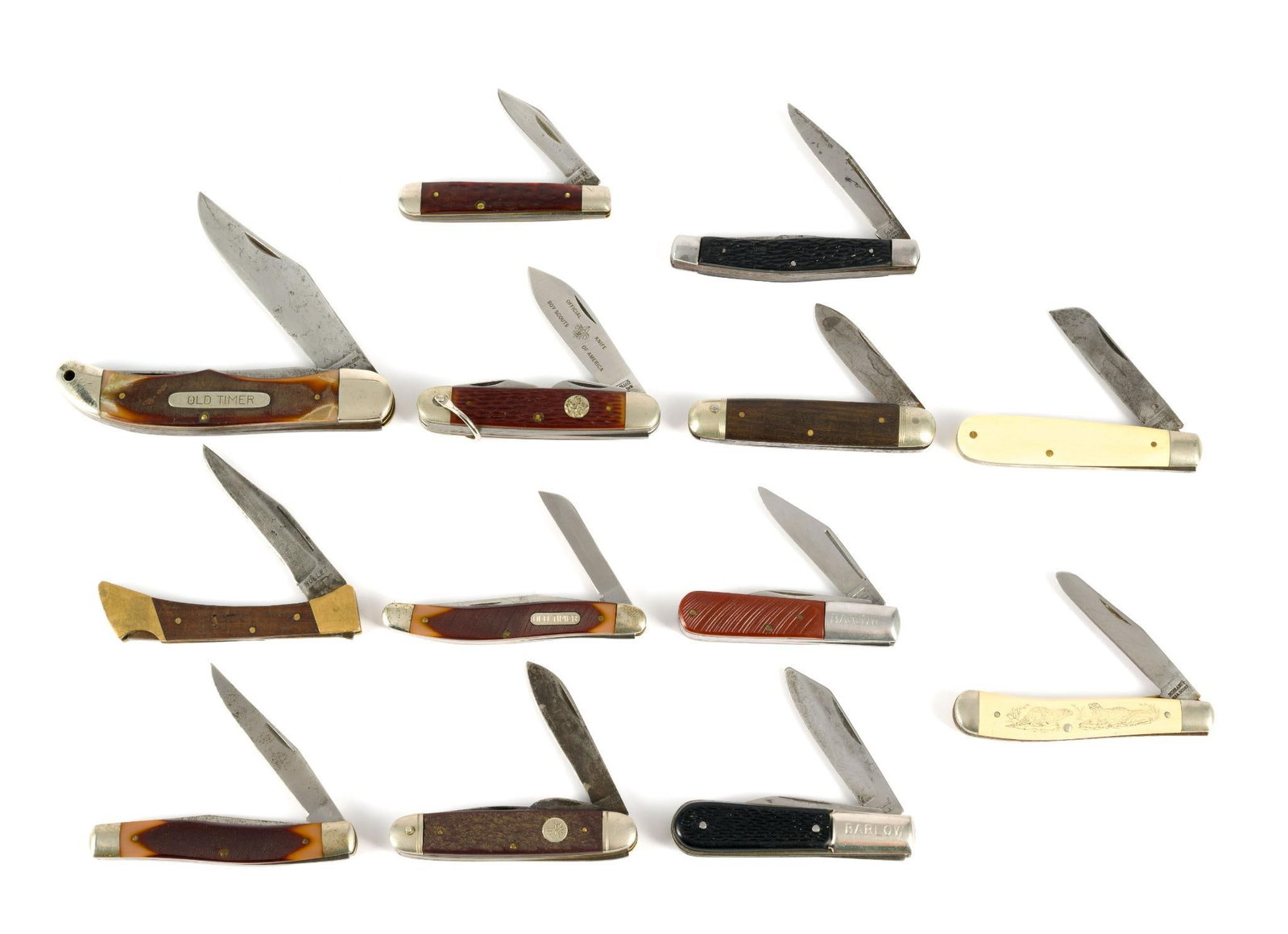 (Cold War Era) 13 Vintage Pocket Knives: Includes Sabre; A.K. & B; Case XX; Schrade; Bullet; and more. Open 5-5/8" to 9-1/4" long. Closed 3-1/2" to 5-1/4" long.?