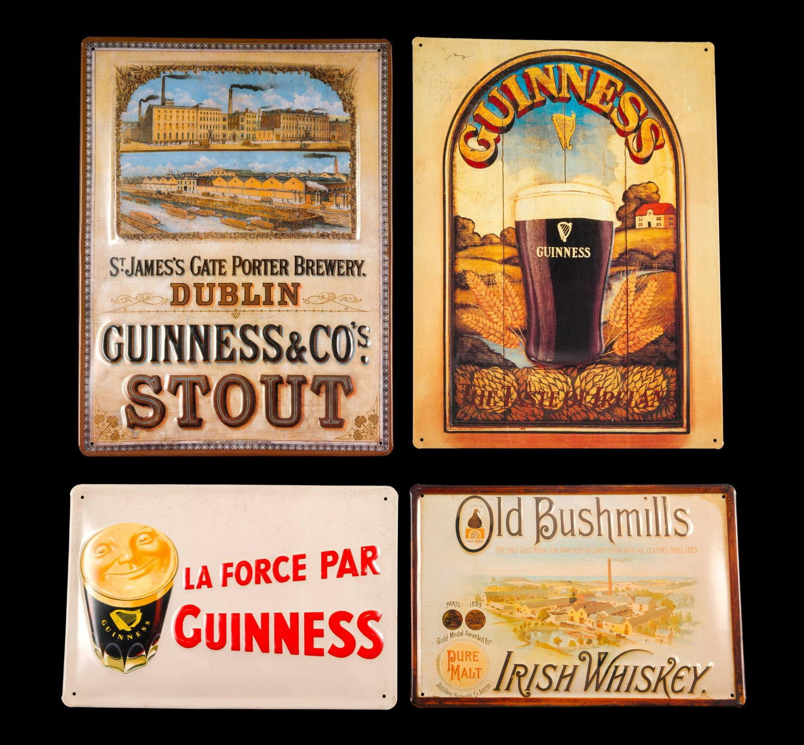 (Modern Era) 4 Modern Beer Signs: Includes Guinness and Old Bushmills. All metal signs. 11-1/4" to 11-1/2" wide x 7-3/4" to 15" long.?