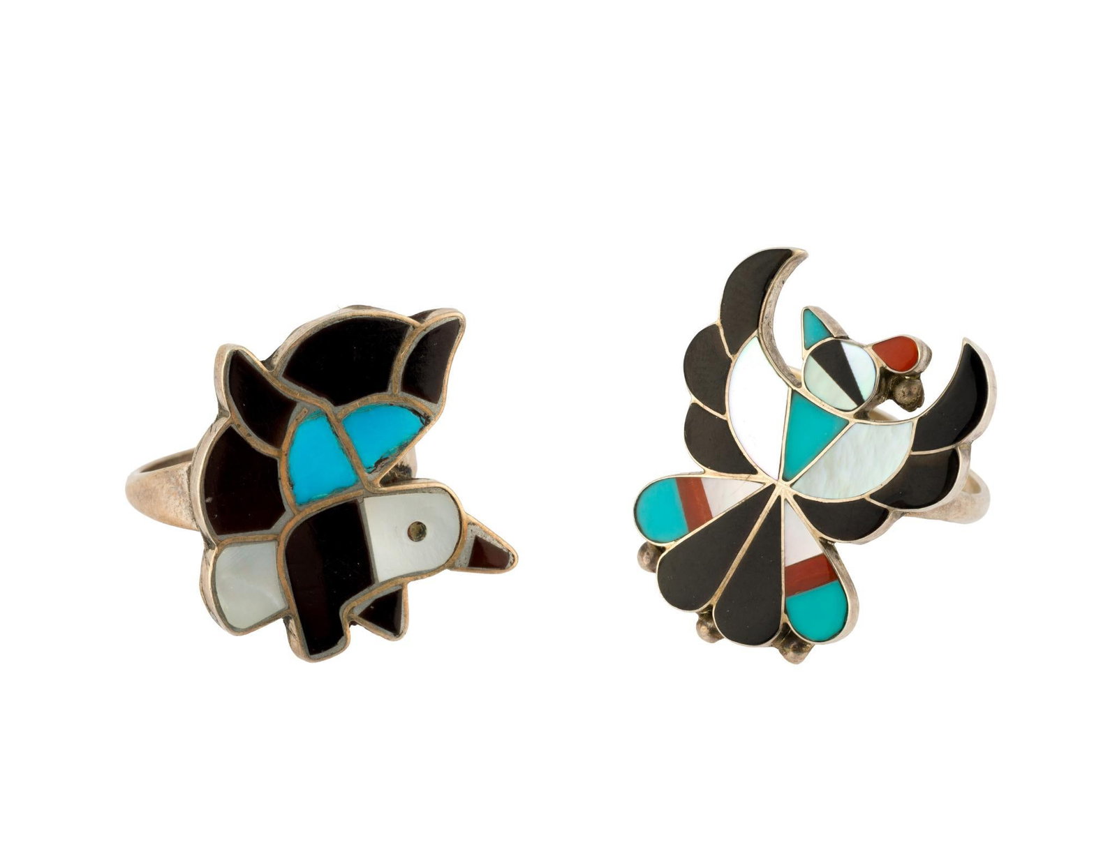 (Modern Era) 2 Sterling Silver Native American Rings: One signed B. Walla. Includes thunderbird and bird. 7/8" to 1" wide x 7/8" to 1" long. Sizes 4.5 to 5.75. Total 0.24 ozt.?