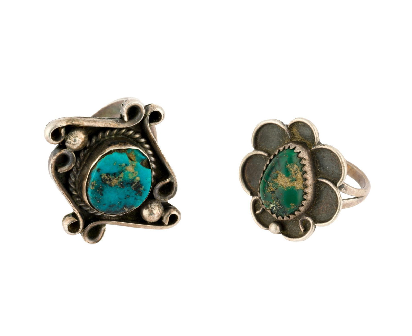 (Modern Era) 2 Native American Sterling Silver Rings: No maker's marks. 7/8" to 1-1/8" wide x 7/8" to 1-1/4" long. Sizes 5.75 to 8.25. Total 0.40 ozt.??