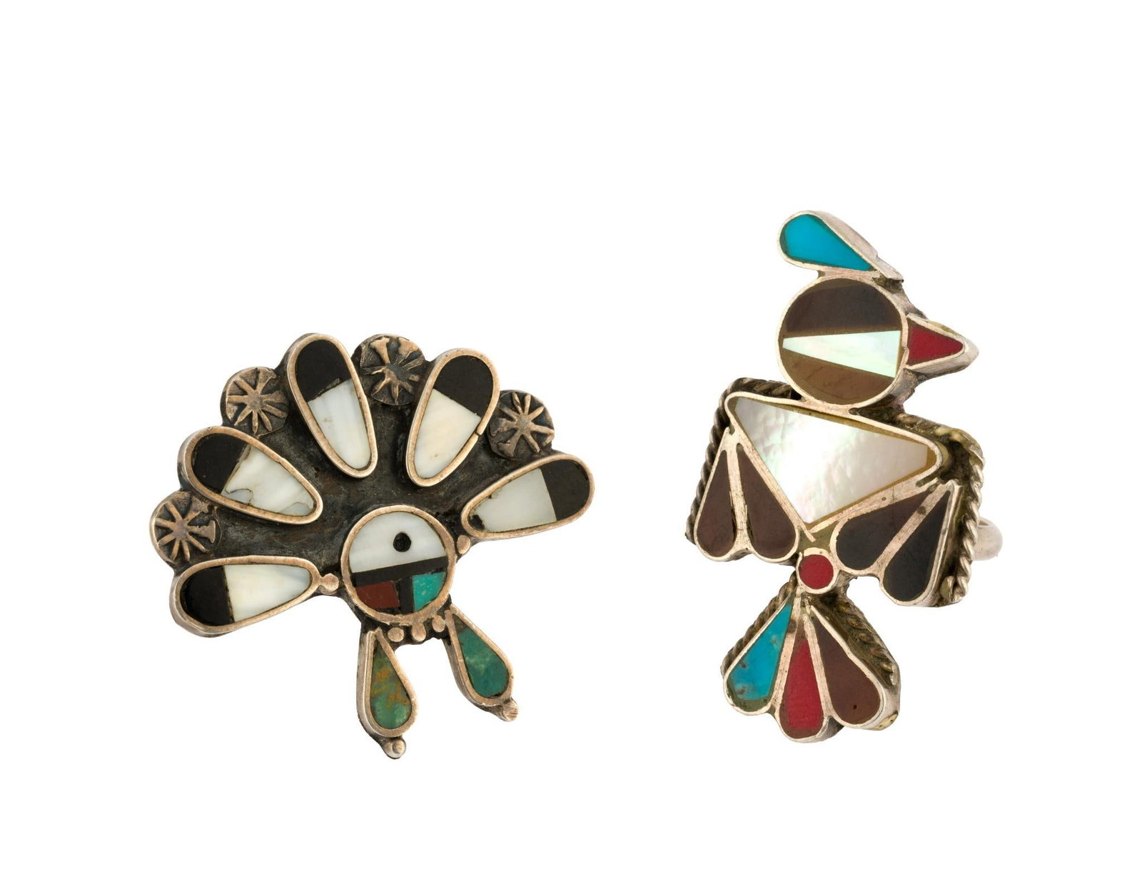 (Modern Era) 2 Sterling Silver Native American Rings: No maker's marks. Includes sunface and thunderbird. 7/8" to 1-3/8" wide. Sizes 5.25 to 6. Total 0.48 ozt.?