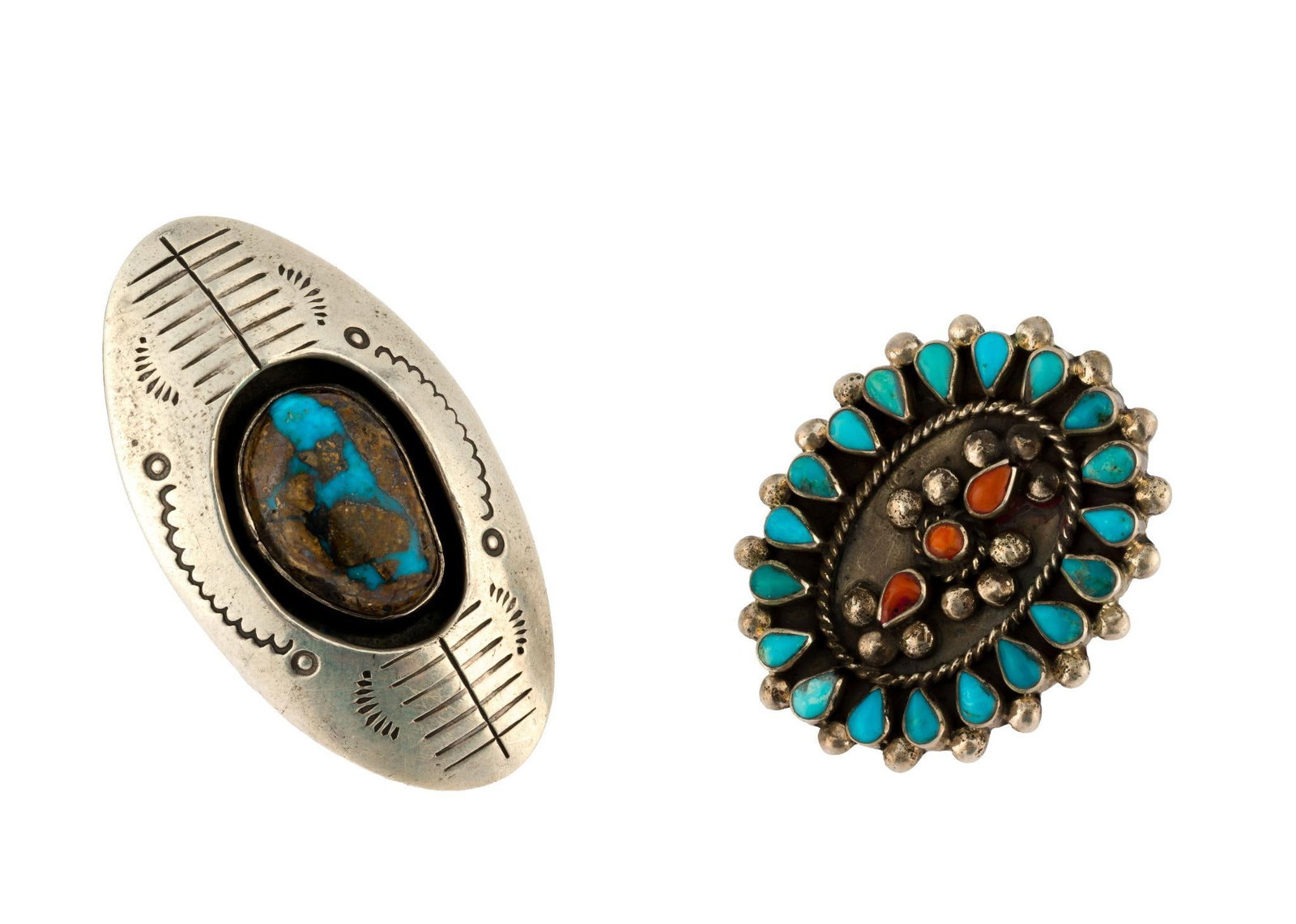 (Modern Era) 2 Native American Sterling Silver Rings: No maker's marks. 1-1/4" wide x 1-1/2" to 2-1/4" long. Sizes 6.25 to 8.5. Total 1.16 ozt