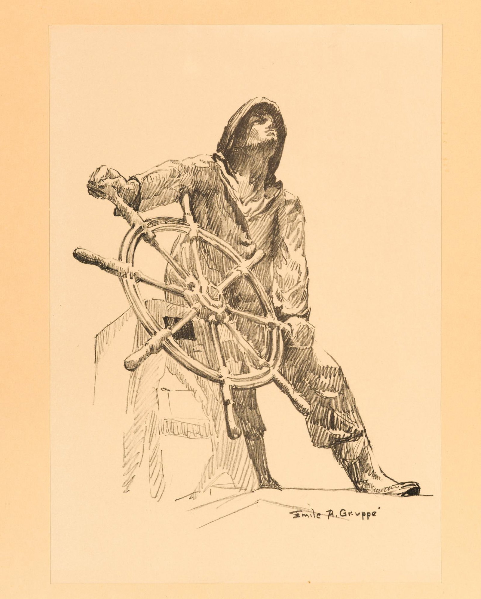 Original Drawing Emile Albert Gruppe: With COA. A signed pencil on paper drawing of a helmsman steering a ship at sea. The artwork size is 13 1/2" X 9 1/2", framed size 25 1/4" X 21 1/4".