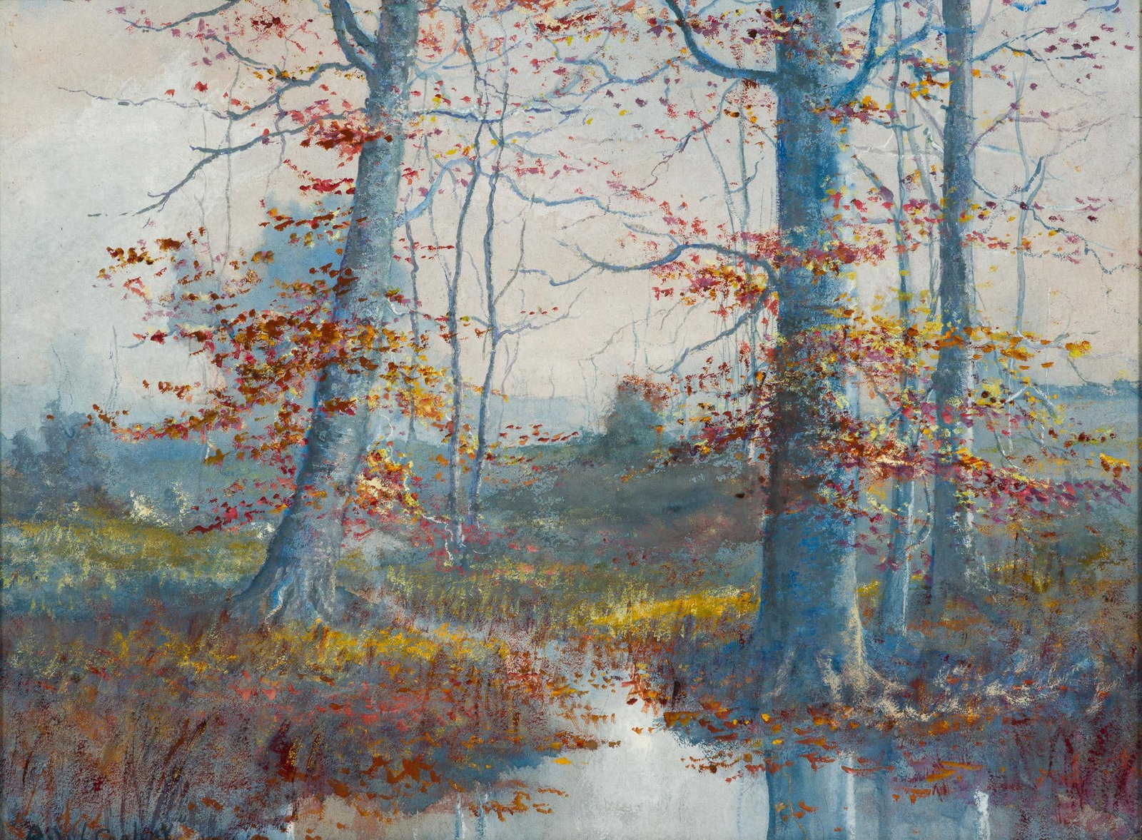 Vintage Gouache On Paper Painting: A signed painting with signature undetermined. The painting appears to have been framed in the 1960"s or 70's. It is framed under glass. The painting size is 17" X 22 1/2", 25" X 31" framed.