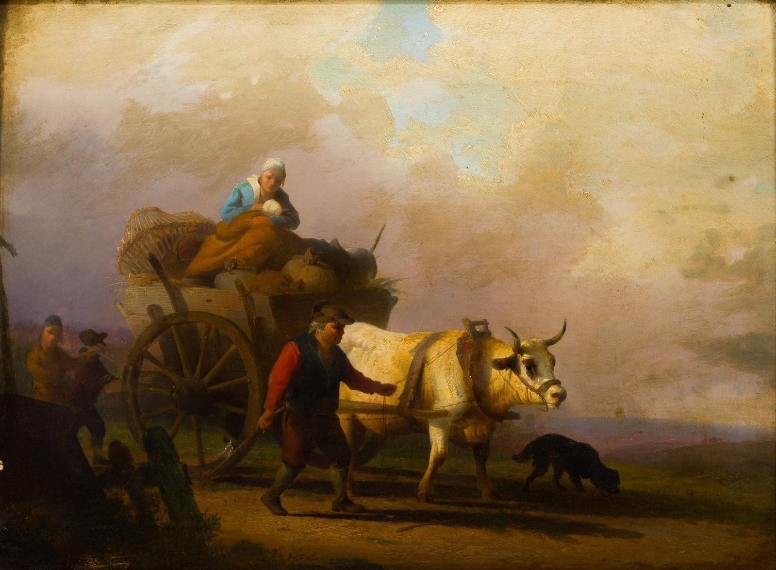 19th Century Oil On Panel Painting: A rural European painting from the 1800's. Apparently unsigned. The painting is 11 1/2" X 15 1/2", 22 1/2" X 16 1/2" framed. The frame has losses.