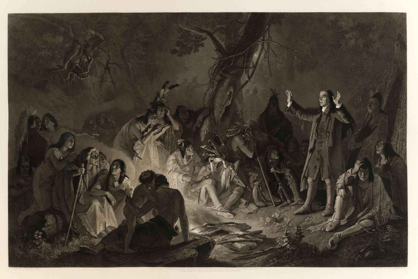 The Power Of The Gospel After Christian Schussele Engraving On Paper 1864: An engraving titled "The Power Of The Gospel" with image size 18" X 28 1/4" not including the margin?or?copy within the lower margin. Framed size is 34 1/4" X 43". Signed, by engraving print, lower ri