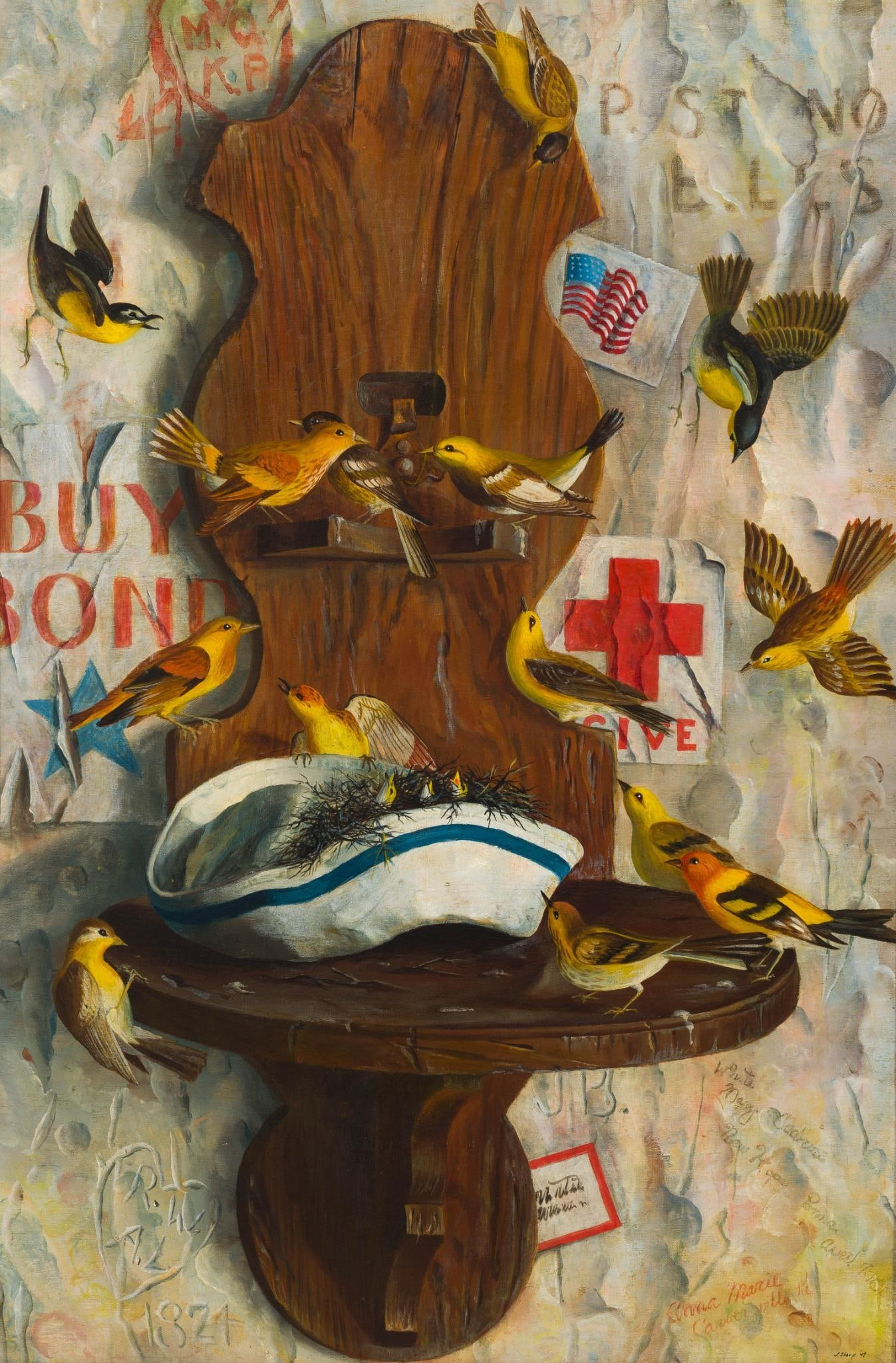 Oil On Canvas Painting By John Oliver Sharp: An oil painting dated 1947 and signed J. Sharp with title on the back of the frame "The War Is Over". John Sharp (1911 - 1966). He studied at the New York Art Students League and then moved to New Hop