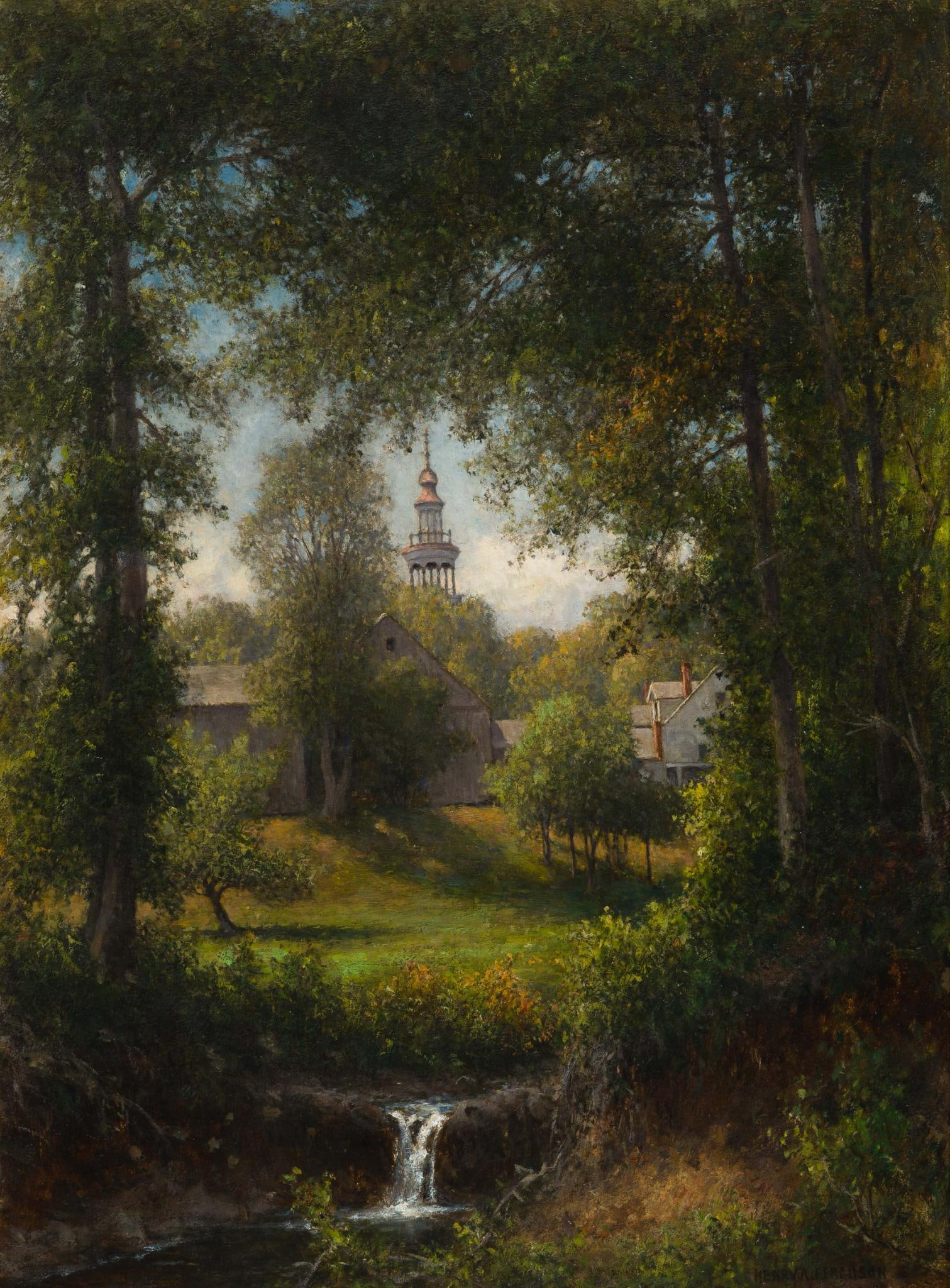 Oil On Panel Painting By Henry Augustus Ferguson: An 18 1/2" X 13 1/2" painting in an ornate gilded frame. Henry Augustus Ferguson New York (1842 - 1911). The painting is signed Henry A Ferguson lower right and is a New England township scene, forest