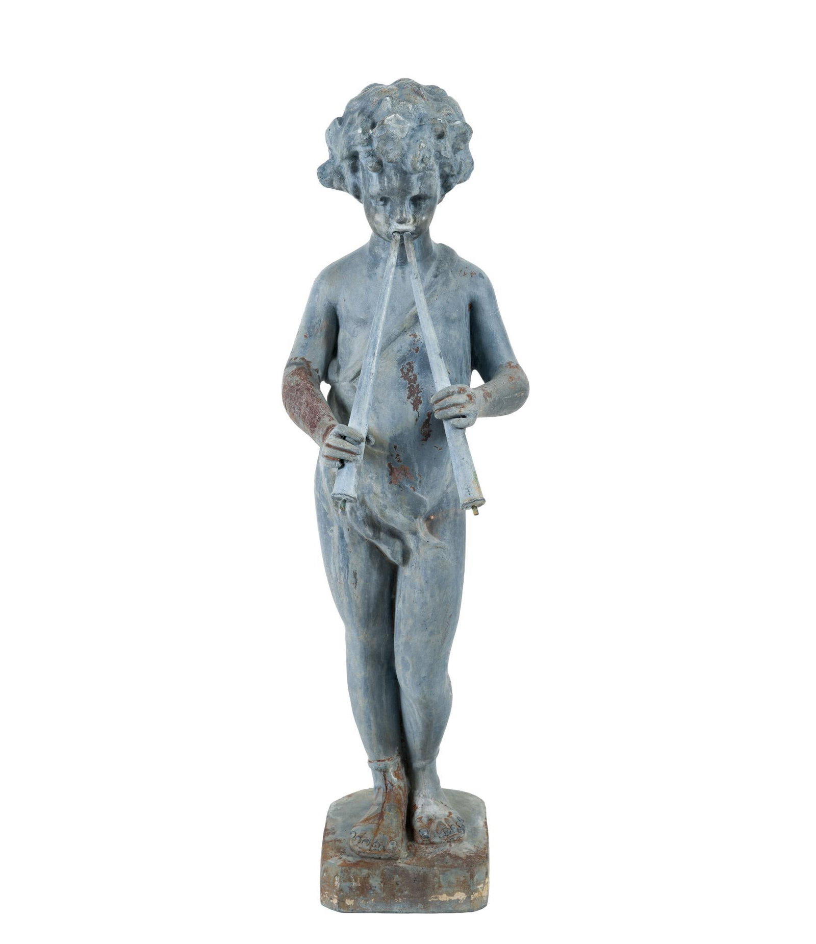 Antique Cast Lead Garden Statue Of Pan Fountain: A 19th Century French, or otherwise Continental, cast lead fountain piece. It is piped from the base to Pan's pipes but it has not been leak checked. It has environmental patina but no damage or repai