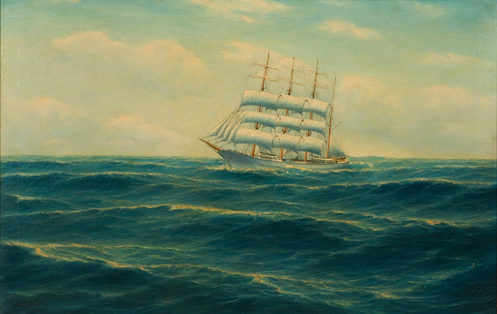 F. Schneider (1881-1935, American) Ship Painting: Dated 1933. Signed lower left. Frank Schneider was a listed American artist celebrated for his maritime paintings. He specialized in seascapes and ship portraits, with his historical works highly coll