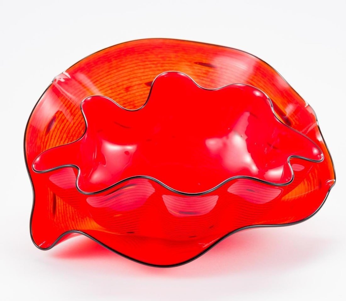 Dale Chihuly Roman Red Seaform Pair: Roman Red Seaform Pair, two pieces with a maximum width of 11 1/4" and 6" height, signed and marked PP06 (2006). The glass work comes with vitrine, full original packing and boxes, book, papers.