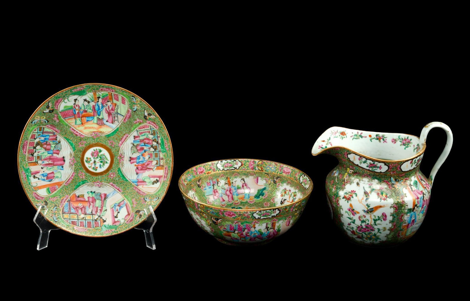 Antique Chinese Rose Medallion Serving Bowl Charger And Pitcher (1 of 10)
