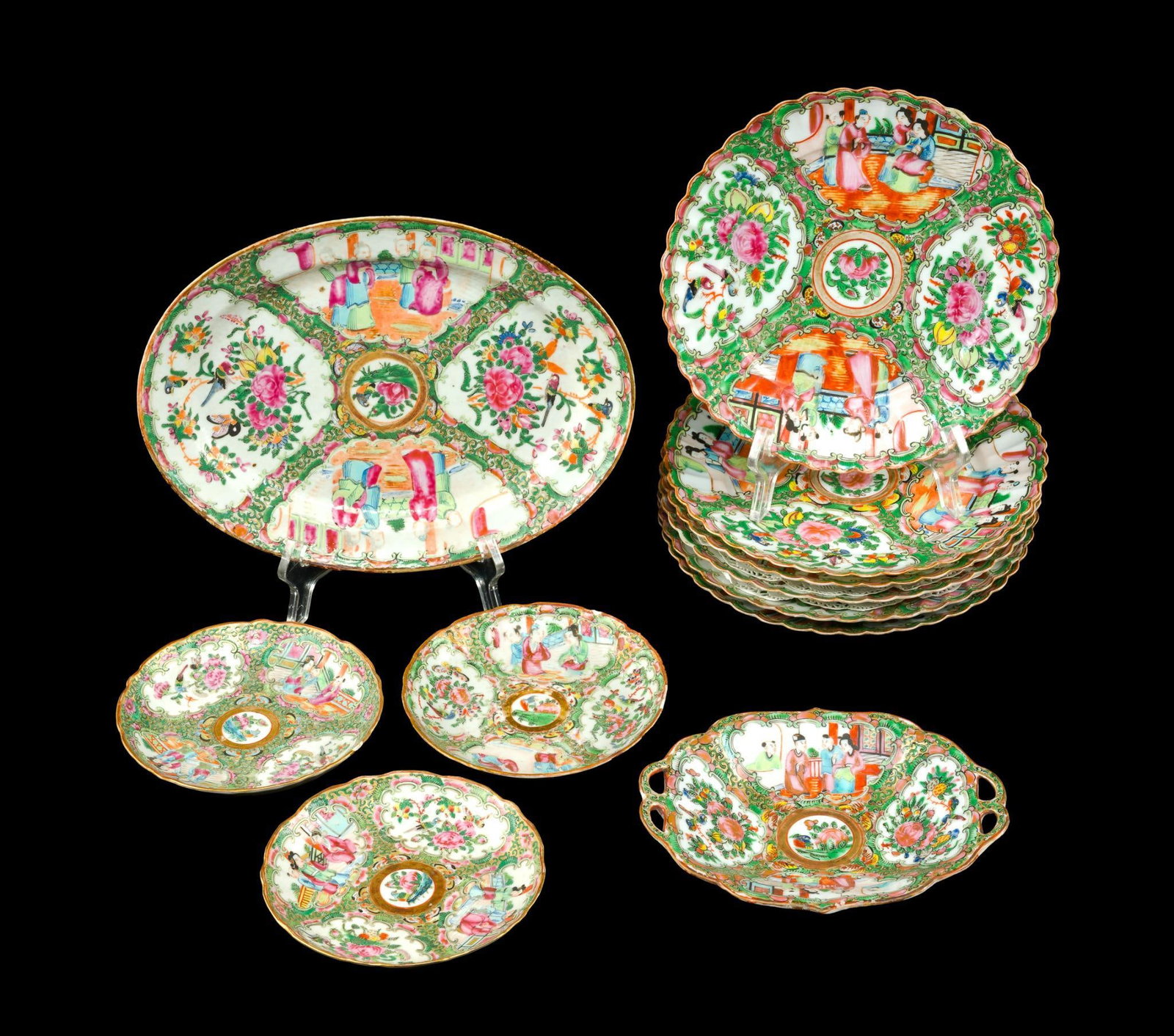 Group Of Twelve Antique Chinese Rose Medallion Dishes Plates And Platters (1 of 6)