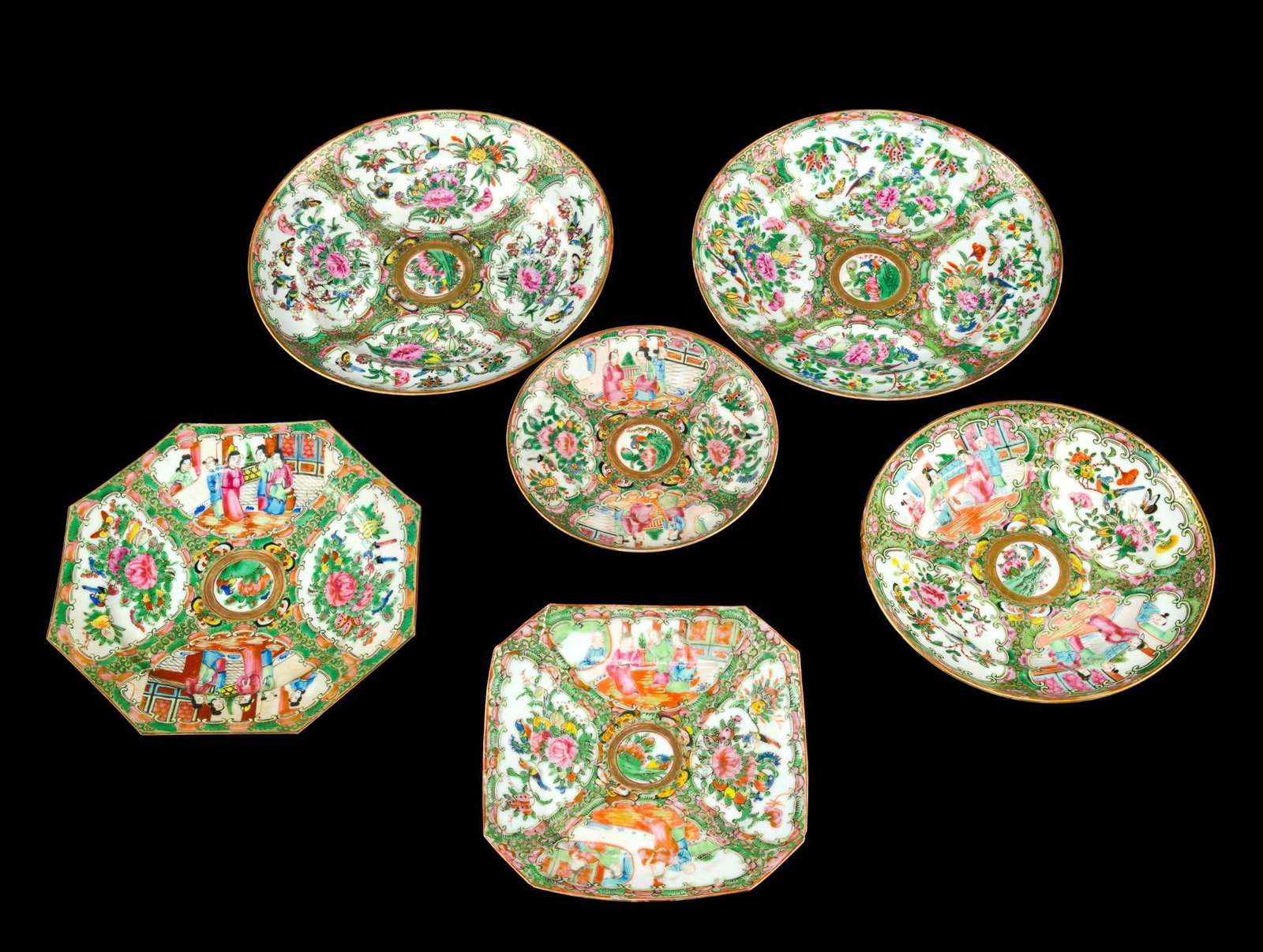Group Of Six Antique Chinese Rose Medallion Serving Dishes And Compote: Typically Qing Dynasty pieces including three?high-sided dishes two of which are 9 3/4" diameter and one 8 3/8" diameter, one octagonal plate 9 1/2", and one square octagonal plate 8 1/2".?All have ri