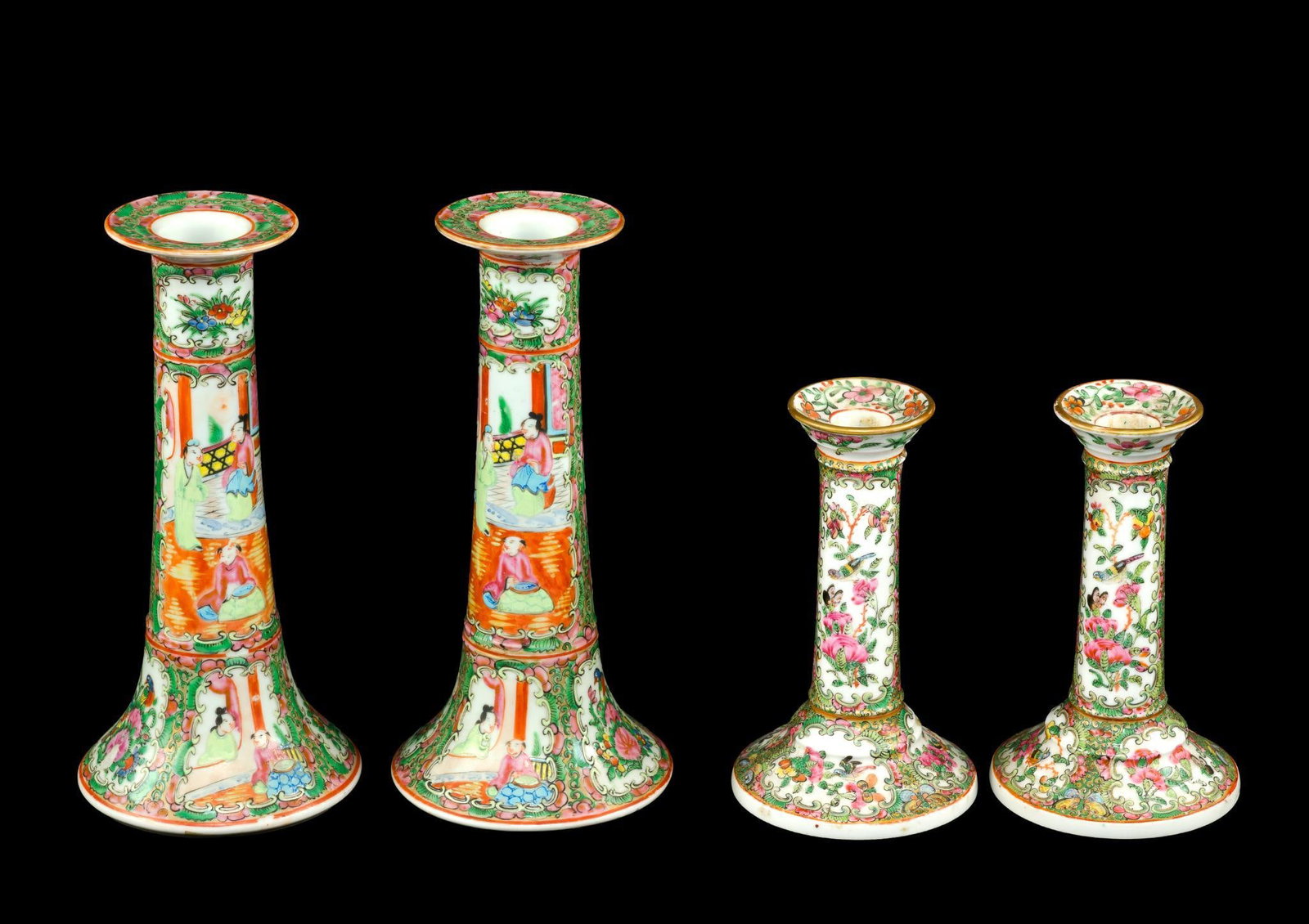 Two Pairs Rose Medallion Antique Chinese Porcelain Candle Sticks: The larger pair, 9 1/2" height, has figural?scenes with birds and flowers. The smaller pair, 6 1/2" height with birds, butterflies, and floral. The pieces have light?wear and no damage or repairs.