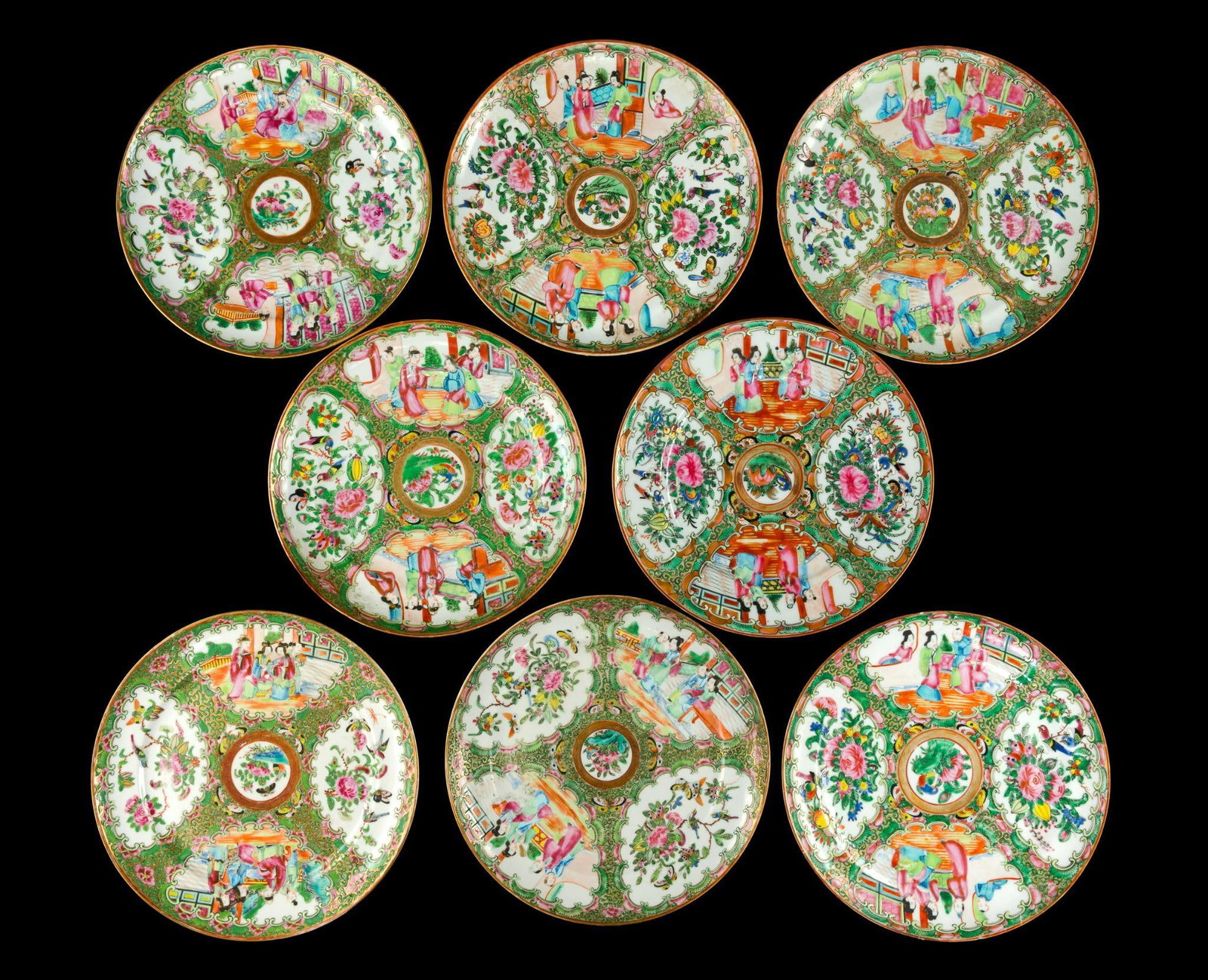 Antique Rose Medallion Plates Collection: Eight large plates 9 3/4" diameter. These Qing Dynasty pieces have a great deal in common and yet have differences. The plates are?undamaged except for small edge chipping and have no repairs.