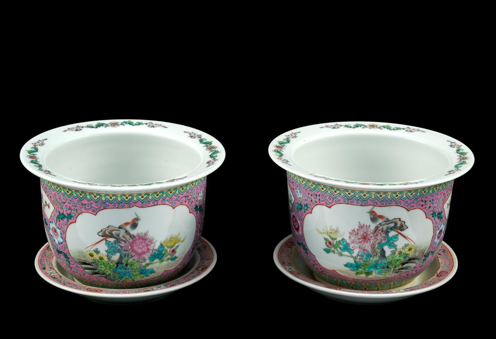 Two 20th C. Chinese Porcelain Famille Rose Planters: Bird and flower scenes. No marks on bottoms. Each 9-1/2" diameter X 8-1/4" high.?