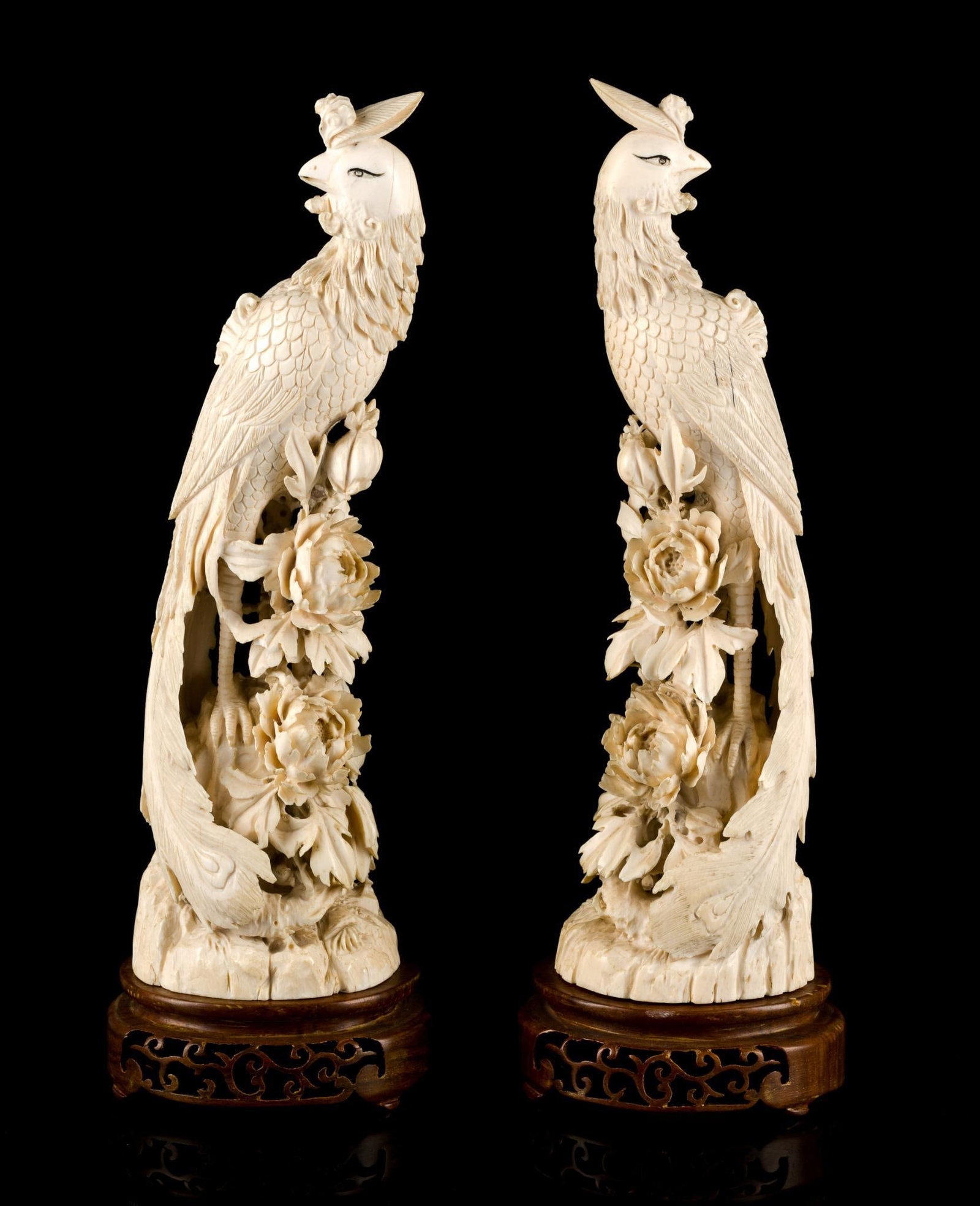 PA RESIDENTS ONLY: Pair Of Chinese Ivory Phoenix Birds: NOTE: UNDER CURRENT PENNSYLVANIA LAW, IVORY MAY ONLY BE SOLD TO PENNSYLVANIA RESIDENTS. CURRENT GOVERNMENT-ISSUED IDENTIFICATION WITH PROOF OF PENNSYLVANIA RESIDENCY IS REQUIRED.?A matched pair of int