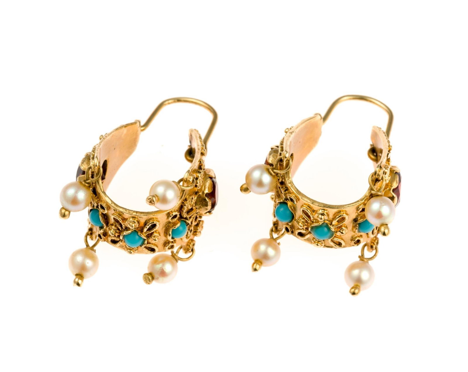 14K Gold, Turquoise, and Pearl Earrings: Vintage Victorian revival 14k yellow gold gemstone earrings for pierced ears. The weight is 10.2 grams with lengths of 1".