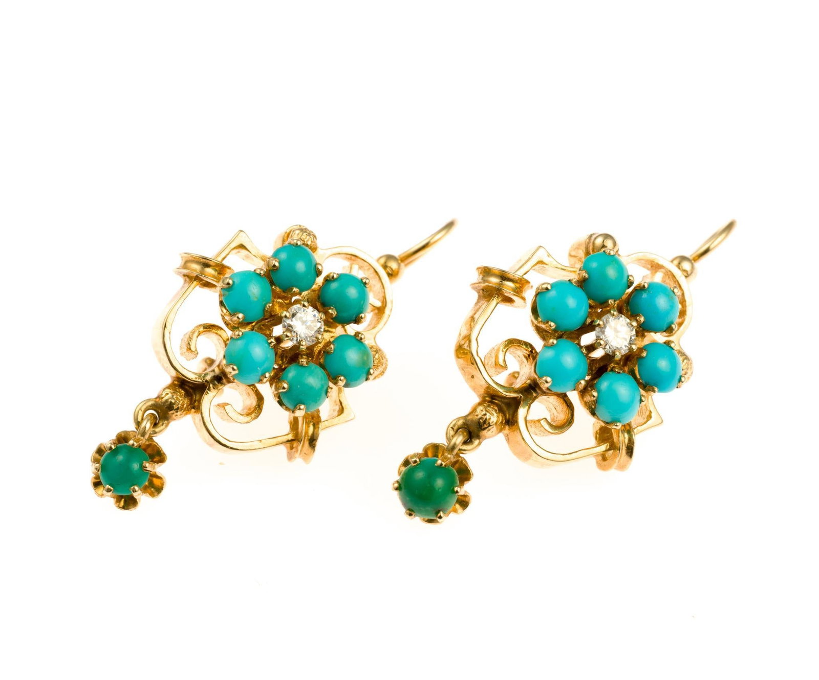 14K Gold, Turquoise, and Diamond Earrings: Yellow gold earrings for pierced ears with turquoise and diamond. The weight is 8.2 grams with lengths of 1".