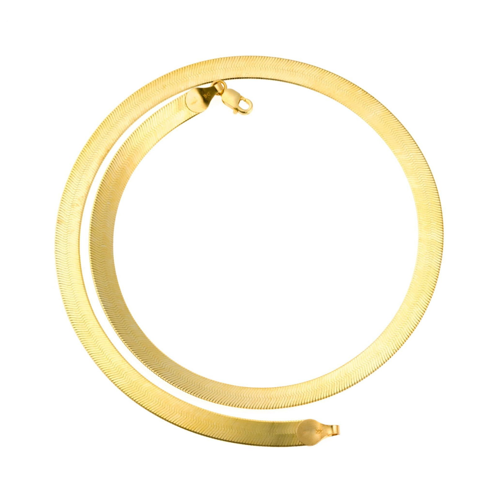 14K Gold Necklace: 16" necklace in yellow gold herringbone chain. The necklace has no bending or kinking damage. Weight is 12.3 grams.