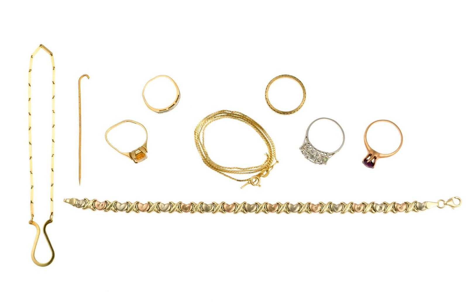 14K Gold Jewelry and 10K 14K Scrap Gold: The lot includes 14k and 10k gold jewelry items, many with damage. The 14k bar-link bracelet with omega charm is 7 1/2" length with no clasp. The tri-color 10k gold hearts and x's bracelet has denting