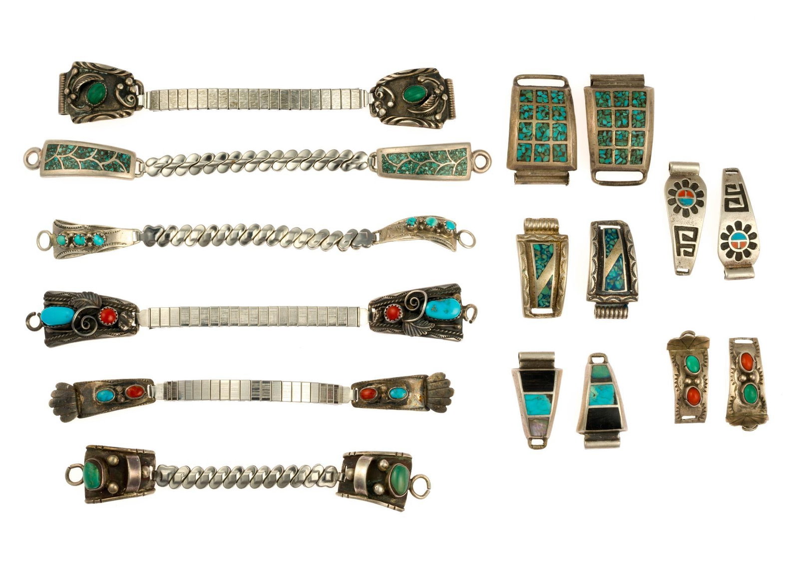 Sterling Silver Watch Bracelets and Band Tips: Ten vintage Native American watch bracelets and band tip sets?sized for women's watches except one set 17 mm lug spacing, some with Speidel or equivalent flex sections. Fitting lug gaps of 12 - 15