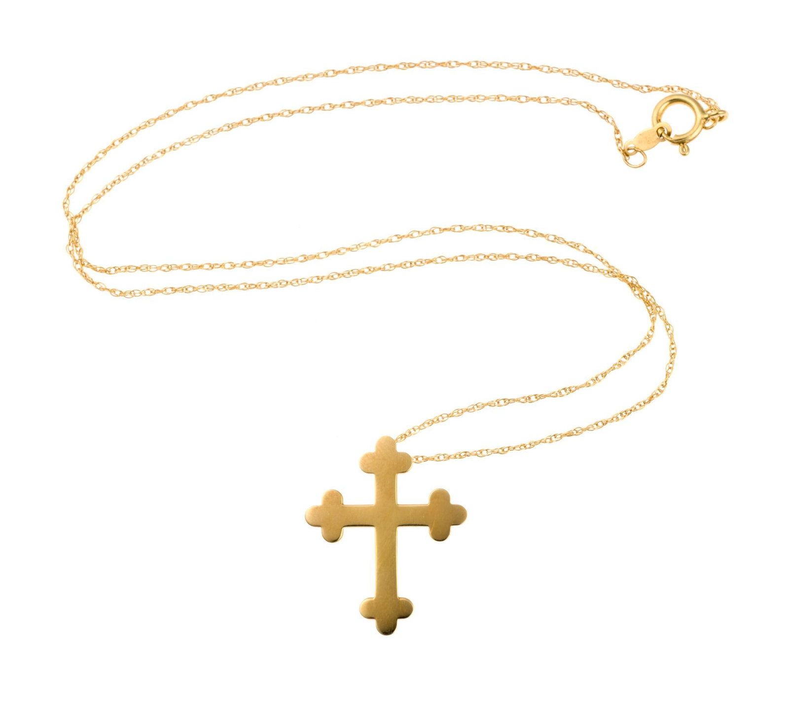 14K Gold Cross Necklace: An 18" chain necklace and 1" length cross in 14k yellow gold with total weight of 2.2 grams.
