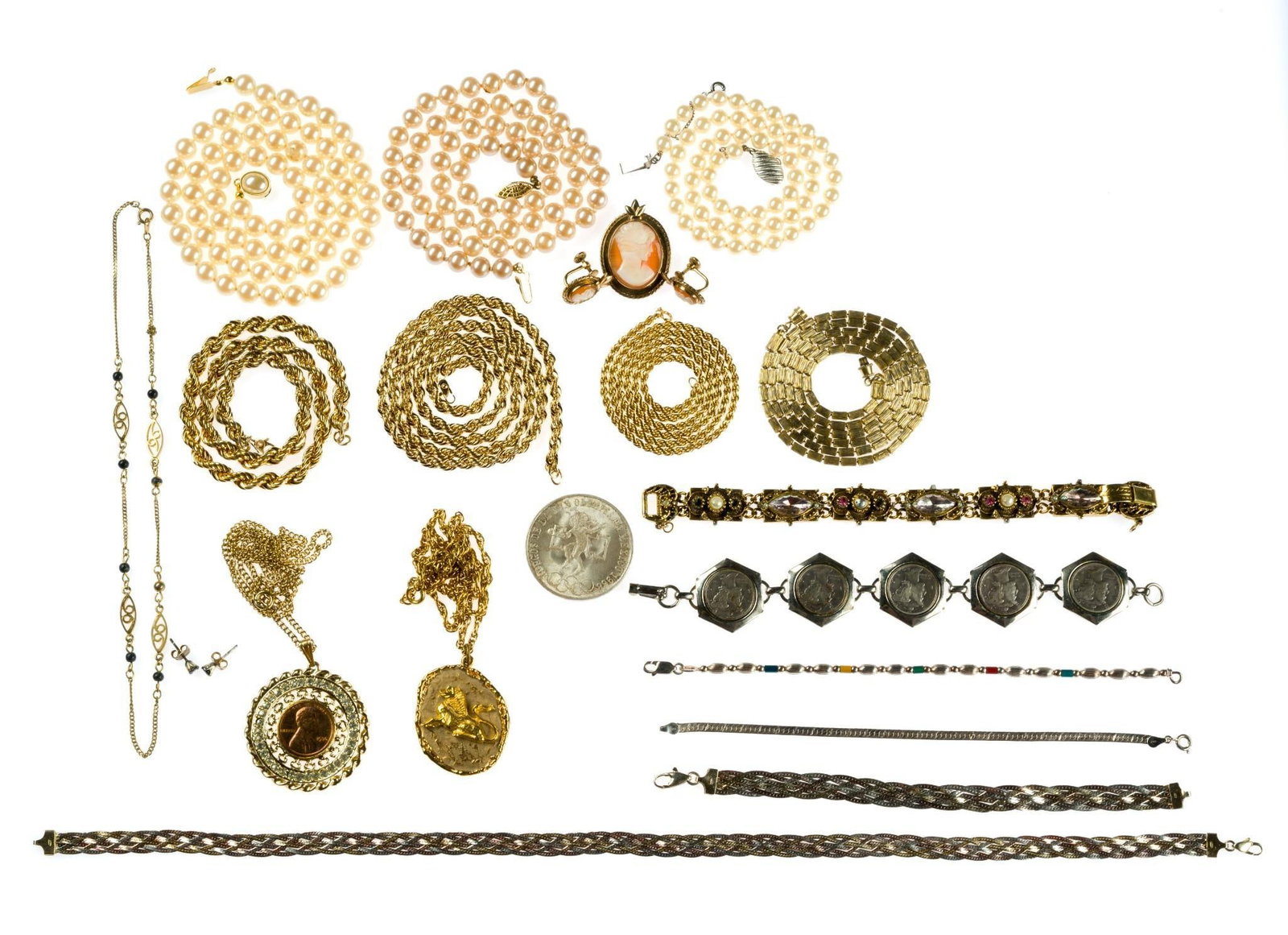 Sterling Silver and Costume Jewelry: Sterling includes a tricolor 16" woven chain necklace and 7" bracelet, a 7" bead bracelet, a 7" herringbone chain bracelet. Also with silver is a mercury dime bracelet, and 1968 Olympics 25 Peso