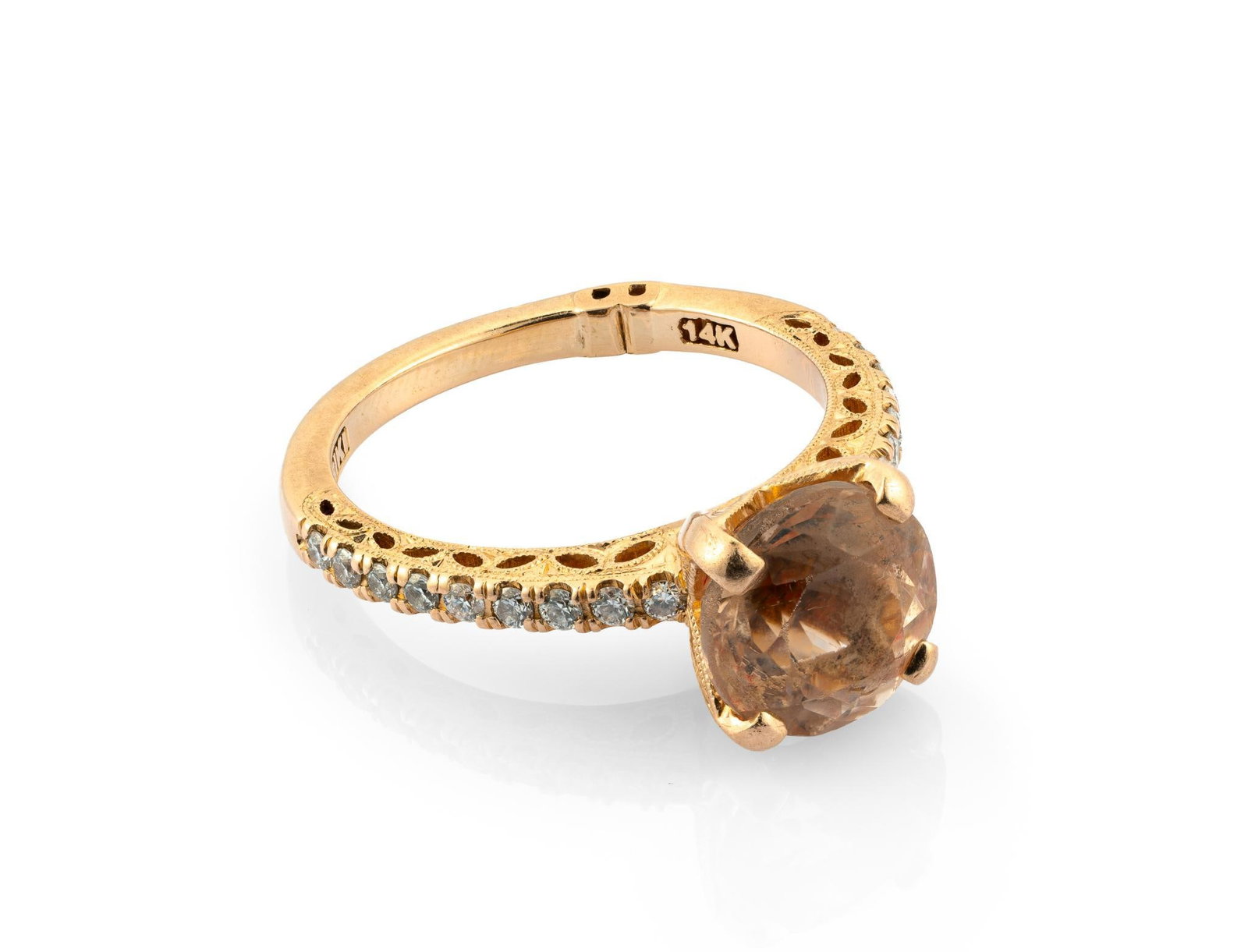 14K Gold 3 Ct Morganite and Diamond Ring: A size 7 rose gold ring with 3 carat morganite and 18 small diamond accents on the shoulders. The jewelry manufacturer is Bariki. The ring weighs 4.4 grams.