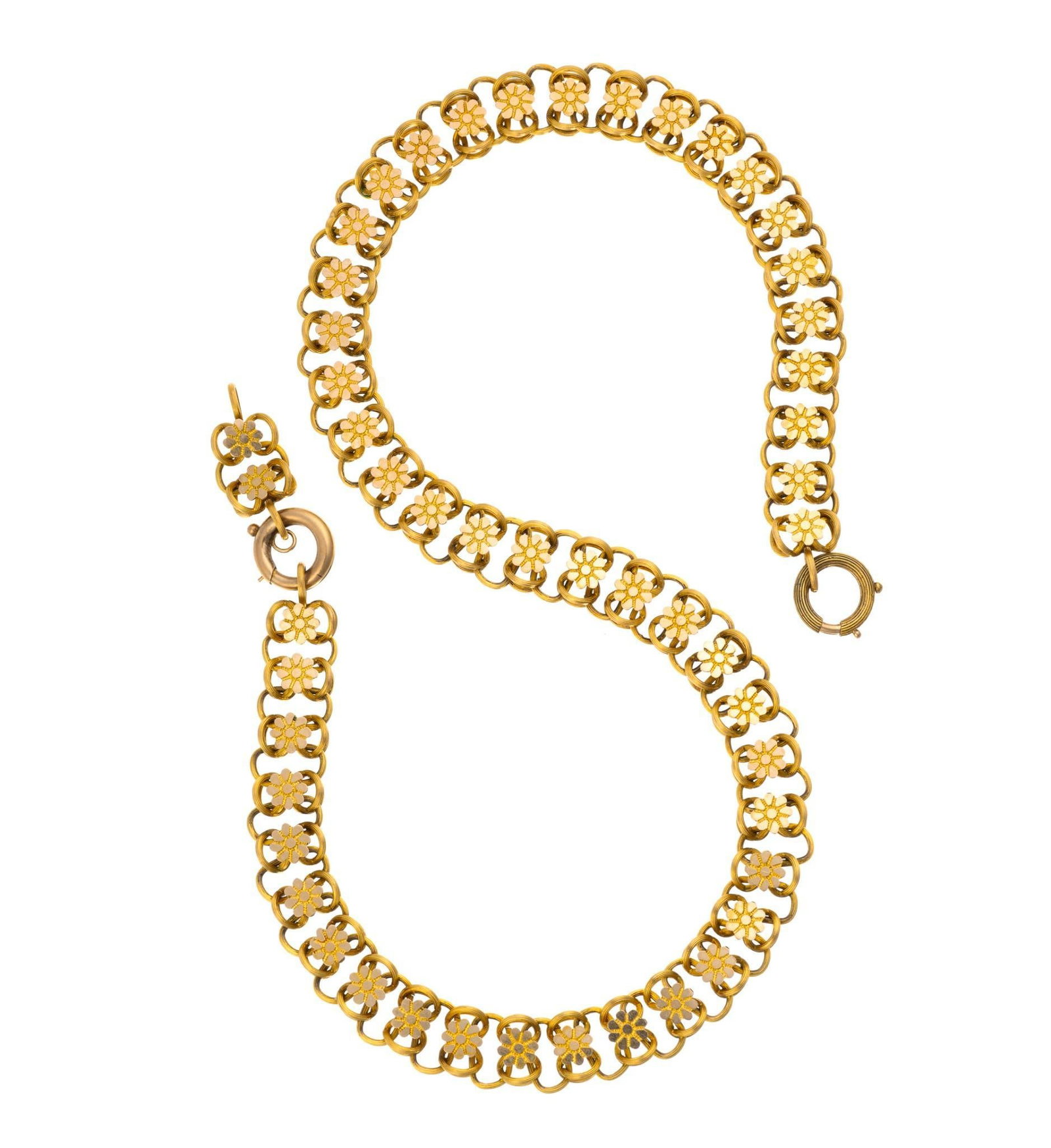 Antique 14K Gold Chain Necklace: An antique yellow gold necklace with flowers as links. The necklace is 19" long including two extension links, 18" with the two links removed. It has a weight of 36.4 grams.?
