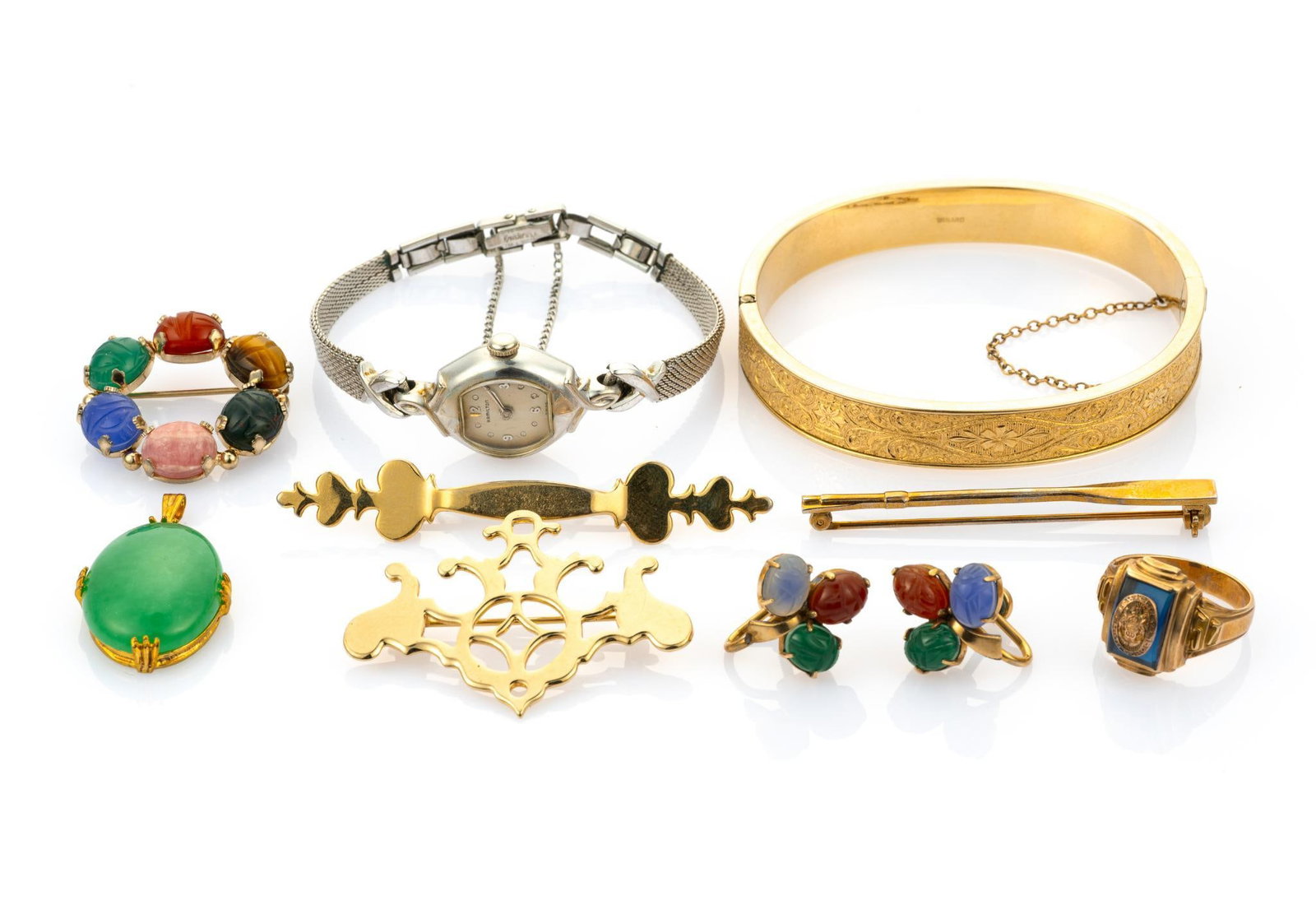 10K Gold Class Ring and Gold Filled Jewelry: Gold filled jewelry includes a bangle 2 1/4" X 2 1/8" inner dimensions, a circular gemstone brooch, and an antique Hamilton white gold filled cord watch. The watch sets and runs but has not been