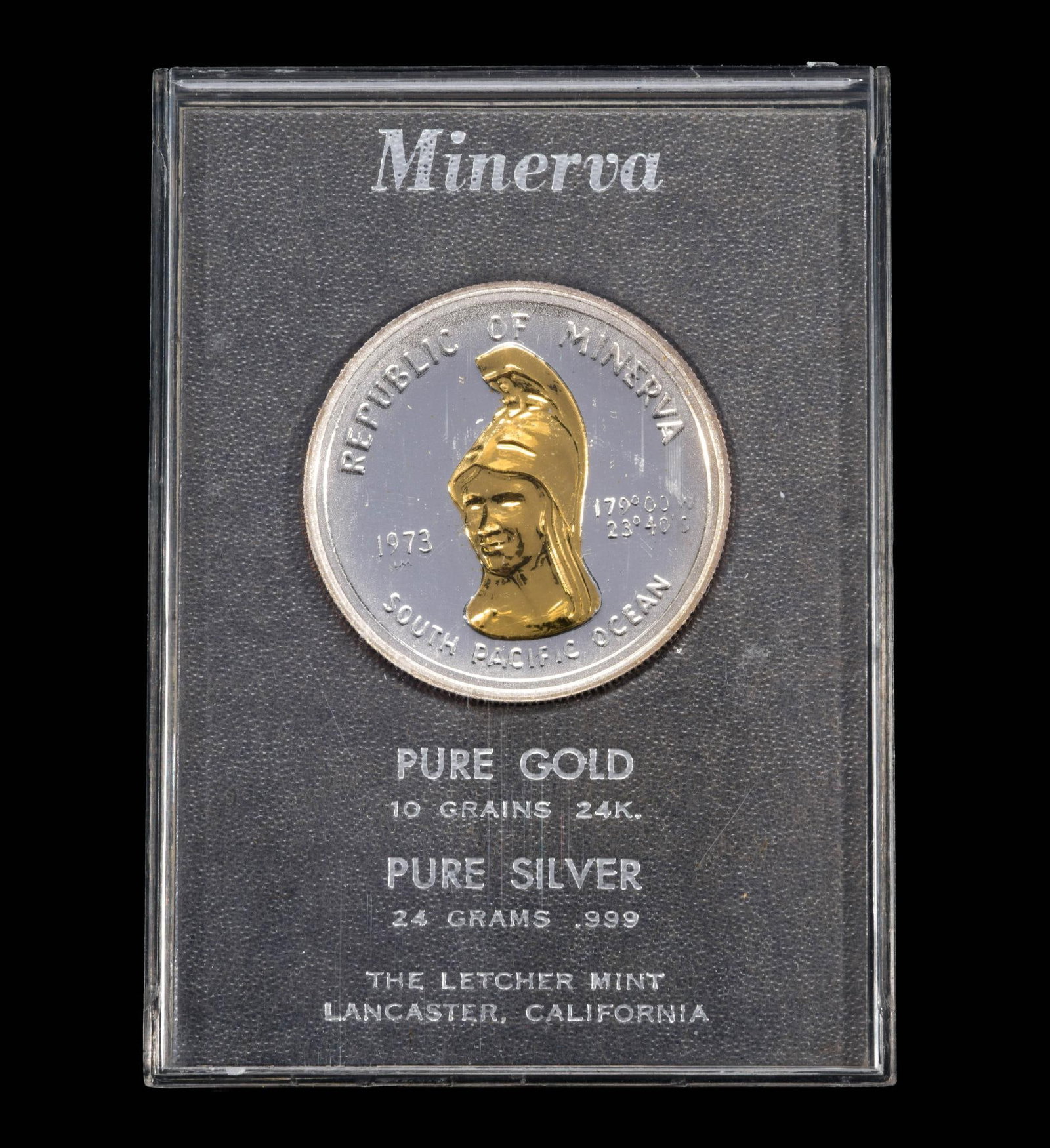 1973 Pure Siver And Gold Minerva Thirty five Dollars Proof: A proof coin from Minerva with 24 grams pure silver and 0.65 grams pure gold. NGC X# 1, NGC shows melt value of $63