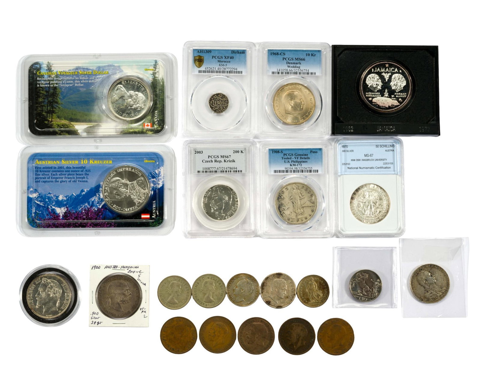 Sixteen Various World Coins All Silver: 1908-S Philippines Peso, 10 Kreuzer?Austria 2001, 1972 Jamaica proof 10 dollars (49 grams sterling silver), 1868 5 Francs France, 1900 5 corona Austro-Hungarian, 1968 10 Kroner Denmark Wedding PCGS