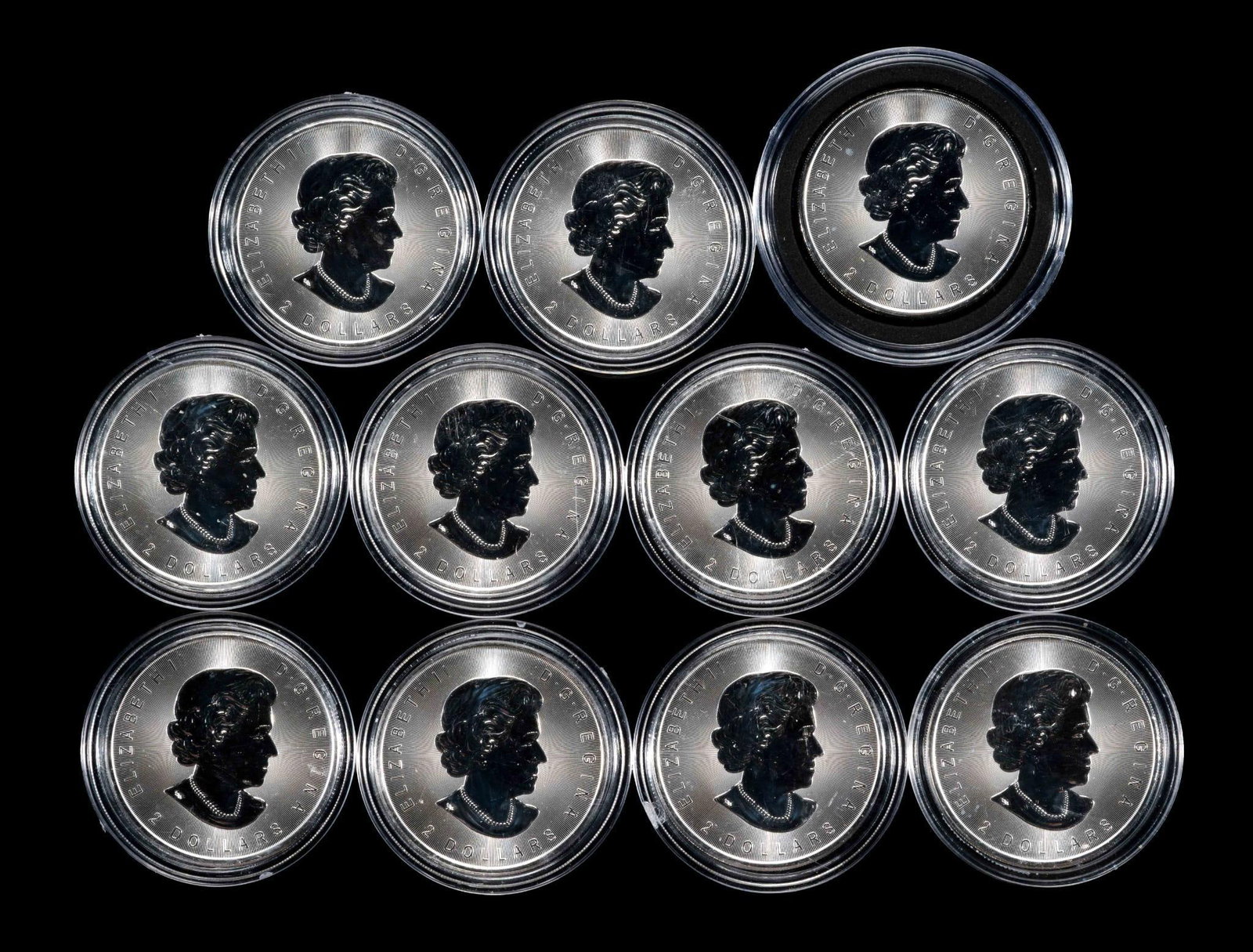 Silver Two Dollars Canada Quantity Of Eleven: All are 2017 pure silver 3/4 troy ounces each.