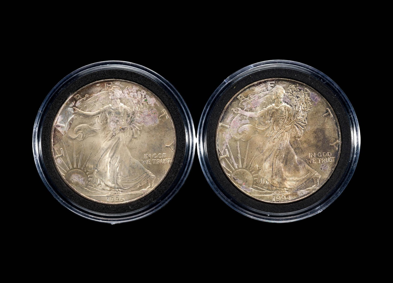 Two American Eagle Silver Dollars: Each is one troy ounce pure silver, 1994 and 1995.