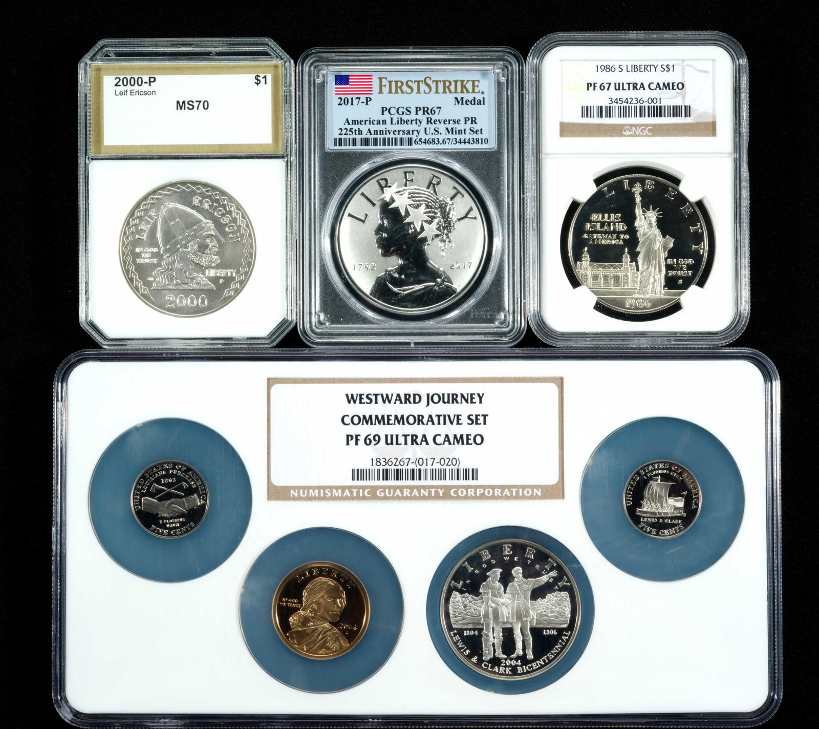 Graded Modern Silver Coins And Sets: Silver medals, silver dollars, and a full set with silver dollar. Grading by PCGS, NGC, PCI. 