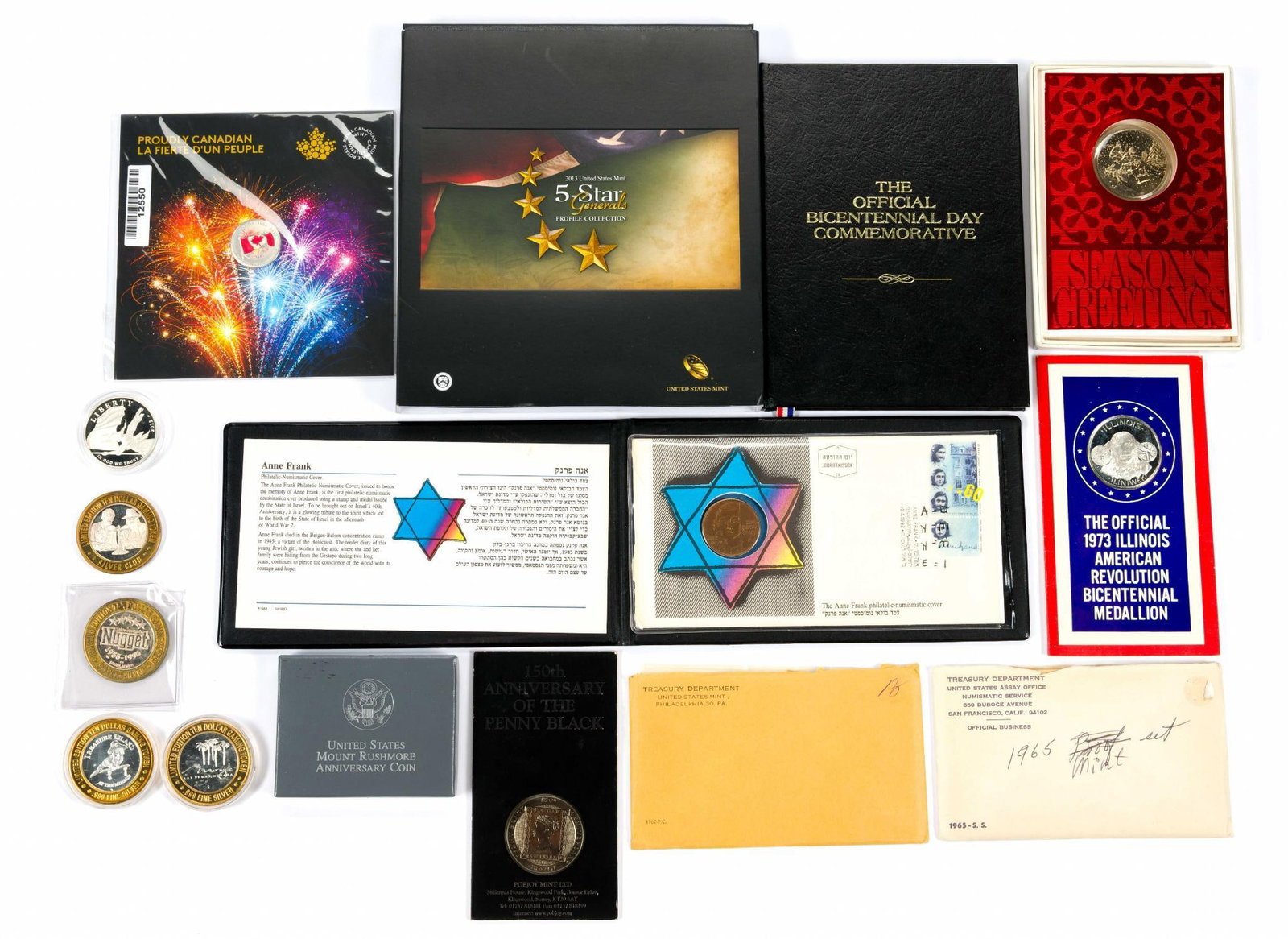 Silver Mint Sets Commemoratives and Other Silver: Silver includes four ten dollar gaming tokens from The Mirage (they have pure silver inner coin pressed into a brass ring), 1973 Illinois American revolution Bicentennial (32 grams sterling), 2012