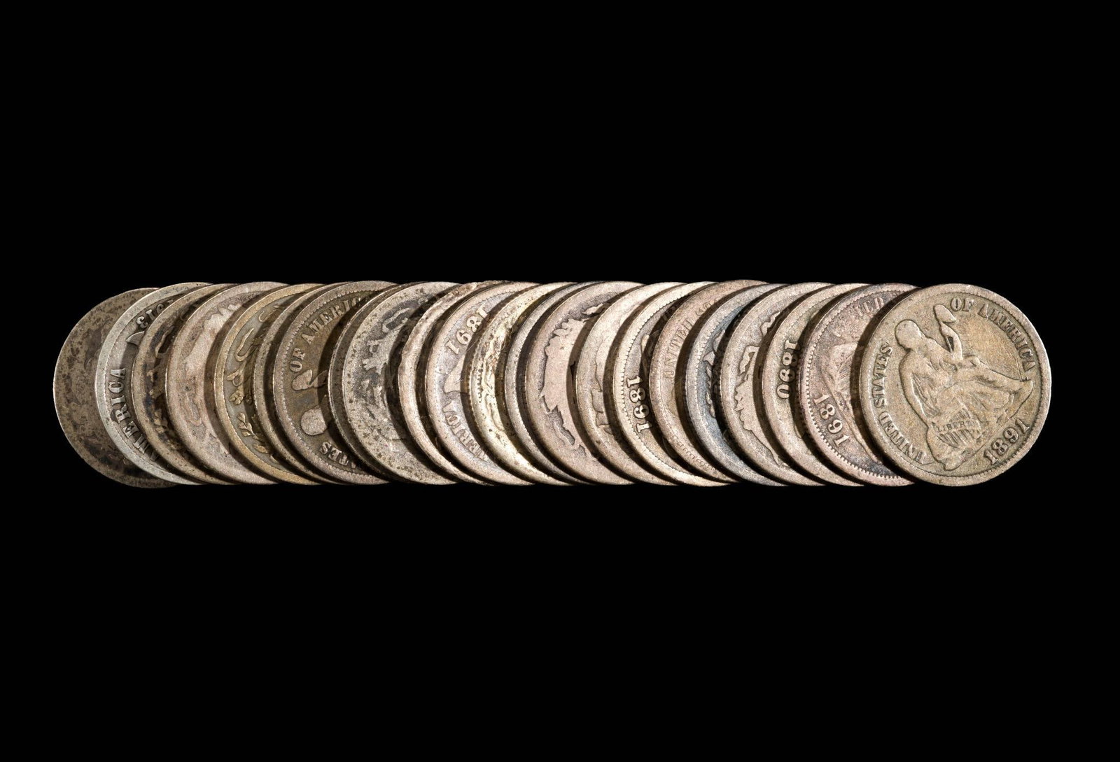 Twenty Two Mostly Seated Silver Dimes: Two are Barber dimes and the remainder are Seated Liberty.