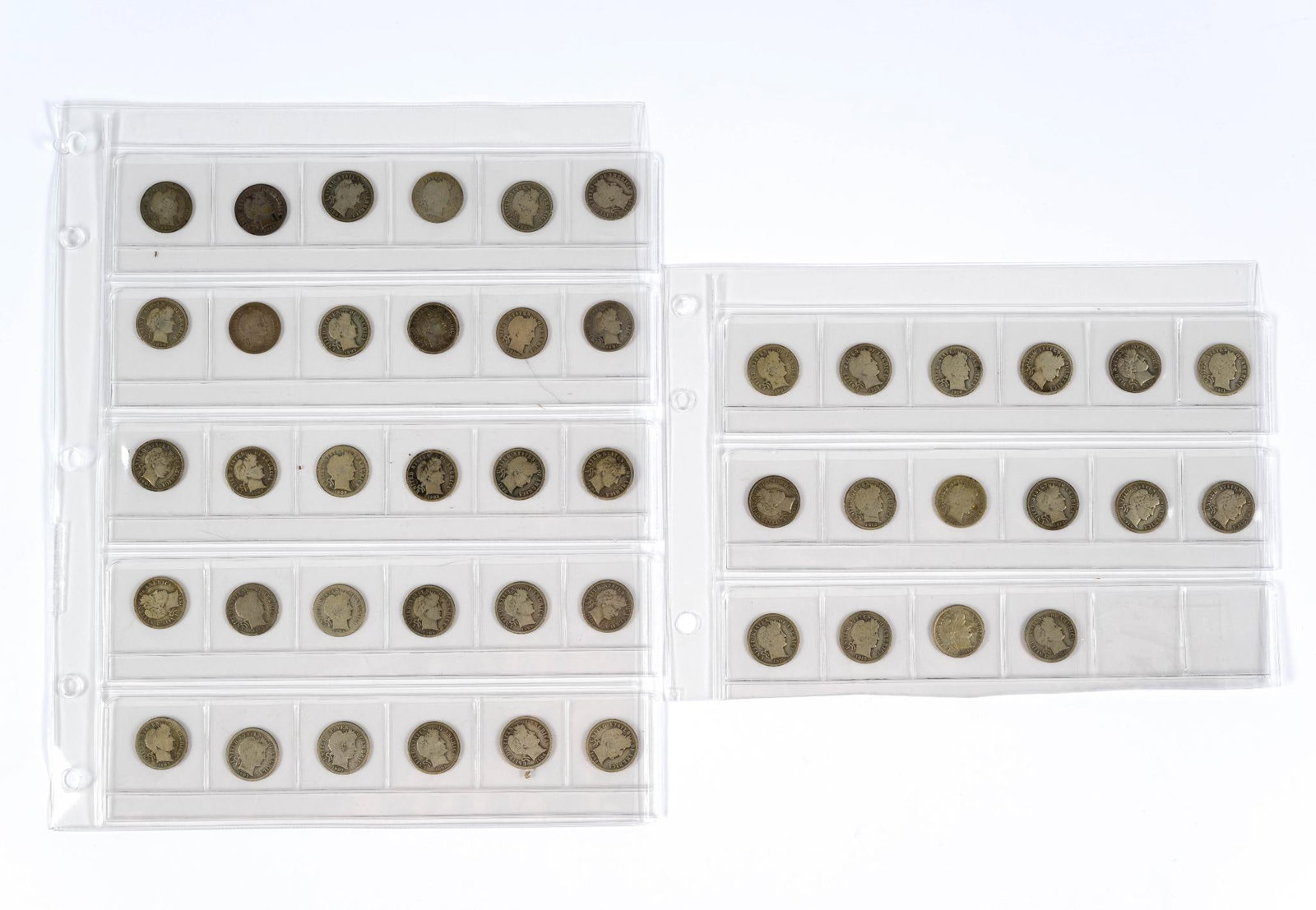 Barber Dime Silver Coins Series: The collection includes 56 coins with keys and semi-keys missing but does include several semi-keys. Also the coin surfaces are original looking and generally not past cleaned coins. Better coins incl