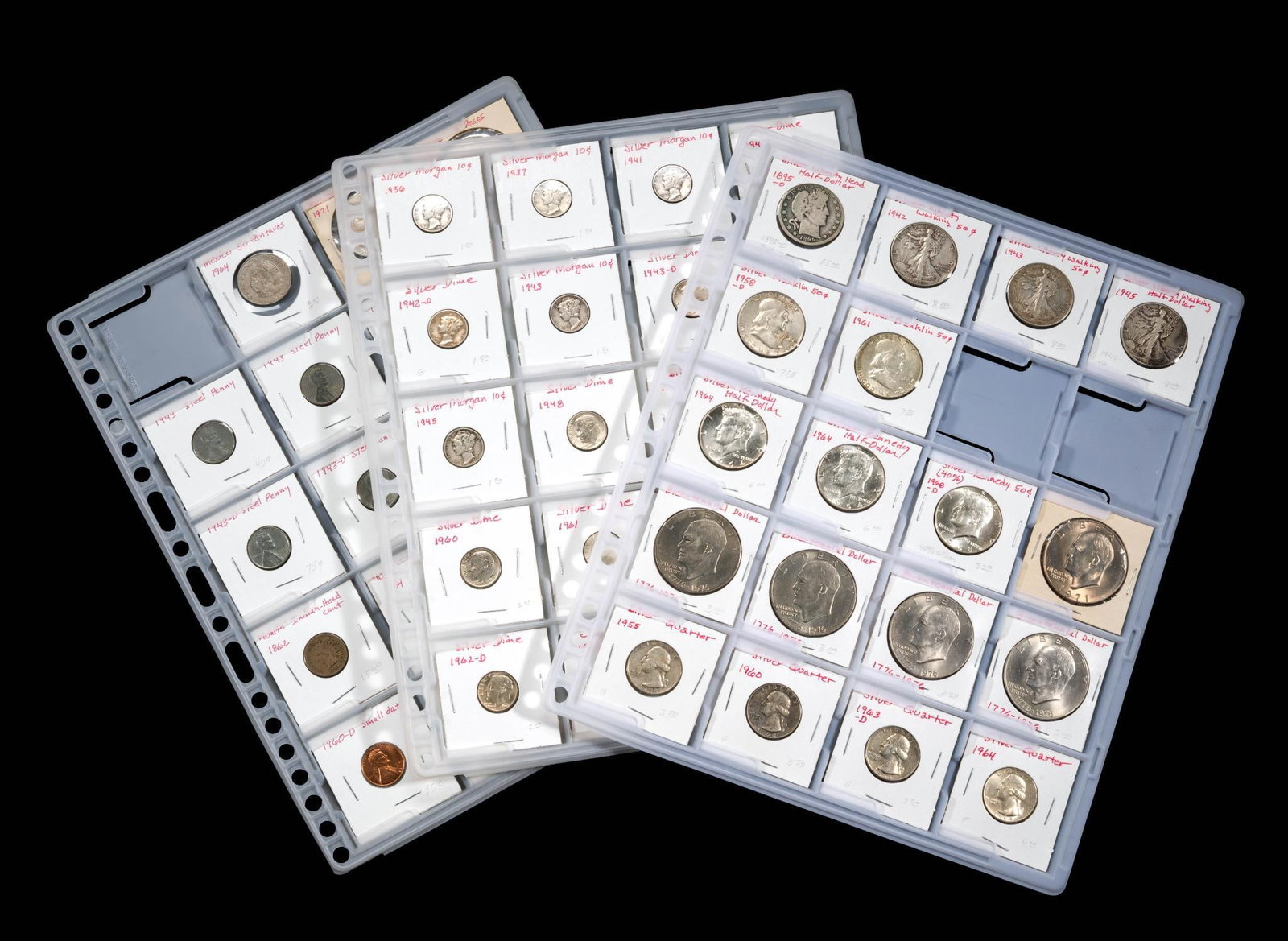Three Coin Book Sheets With Silver Half Dollar Quarters Dimes: A few Mexican coins in the group but most coins are US with numerous silver coins.