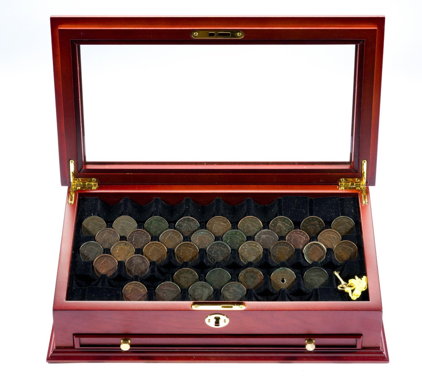 Thirty Seven Large Cents: Large cents going back to draped bust in a nice display box. Generally in average condition with some in poor condition, past cleaned, and damaged coins.