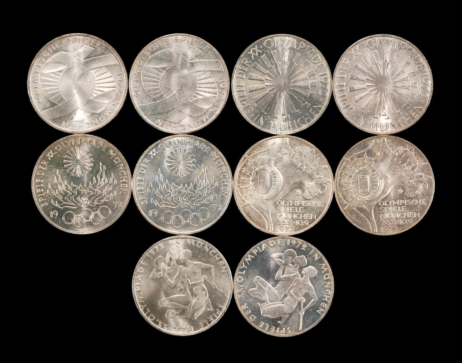 Ten Silver German 10 Mark Olympics 1972: Ten coins commemorating the 1972 Olympics. Each contains 0.31 troy ounces pure silver.